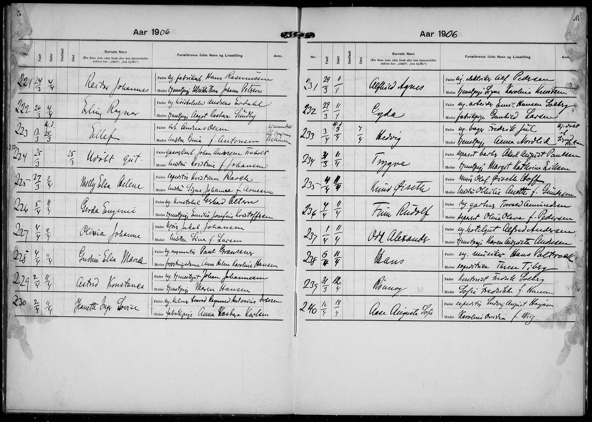 Rikshospitalet prestekontor Kirkebøker, SAO/A-10309b/K/L0006/0002: Baptism register no. 6.2, 1906-1908, p. 5-6