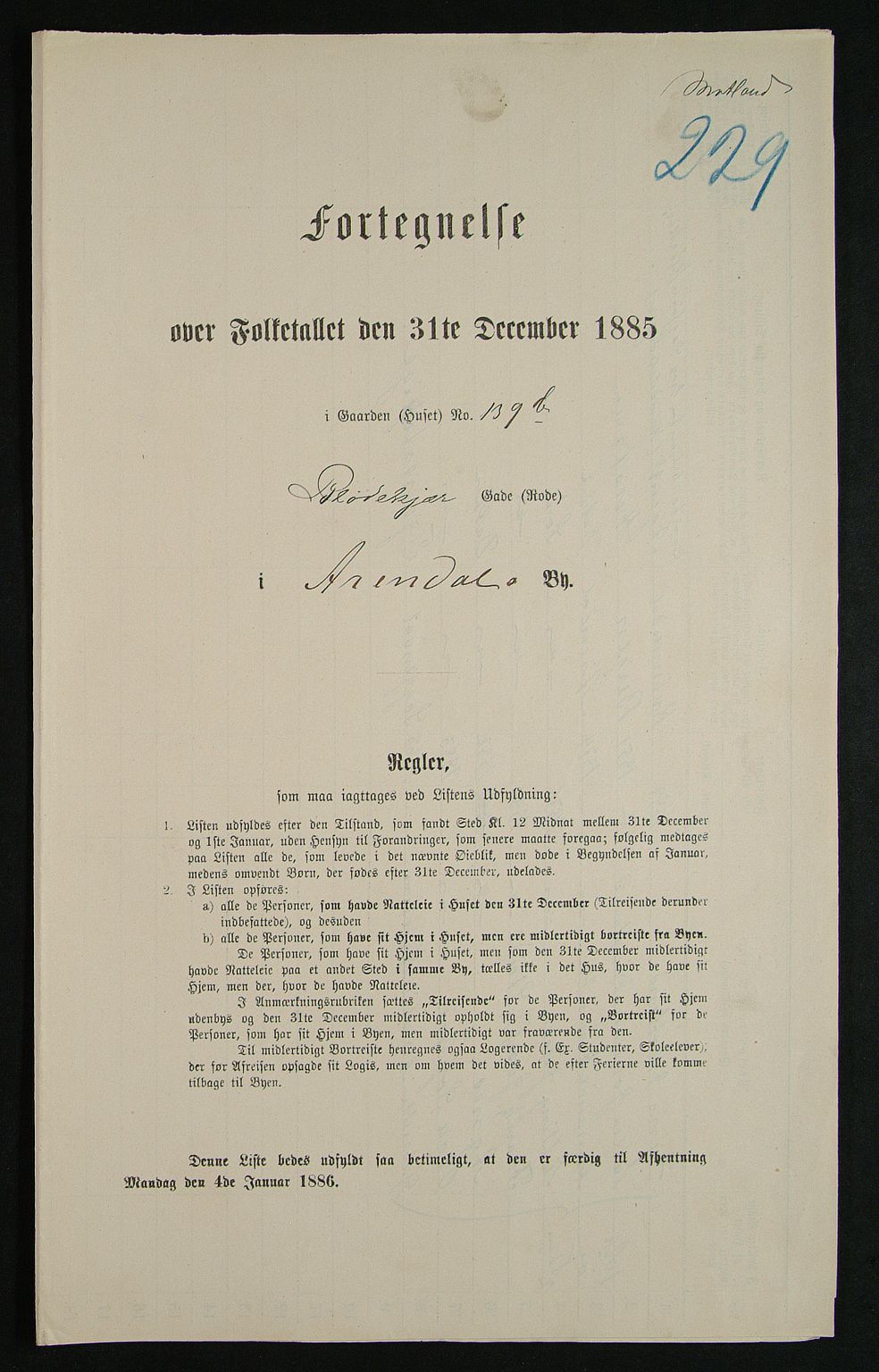 SAK, 1885 census for 0903 Arendal, 1885, p. 229