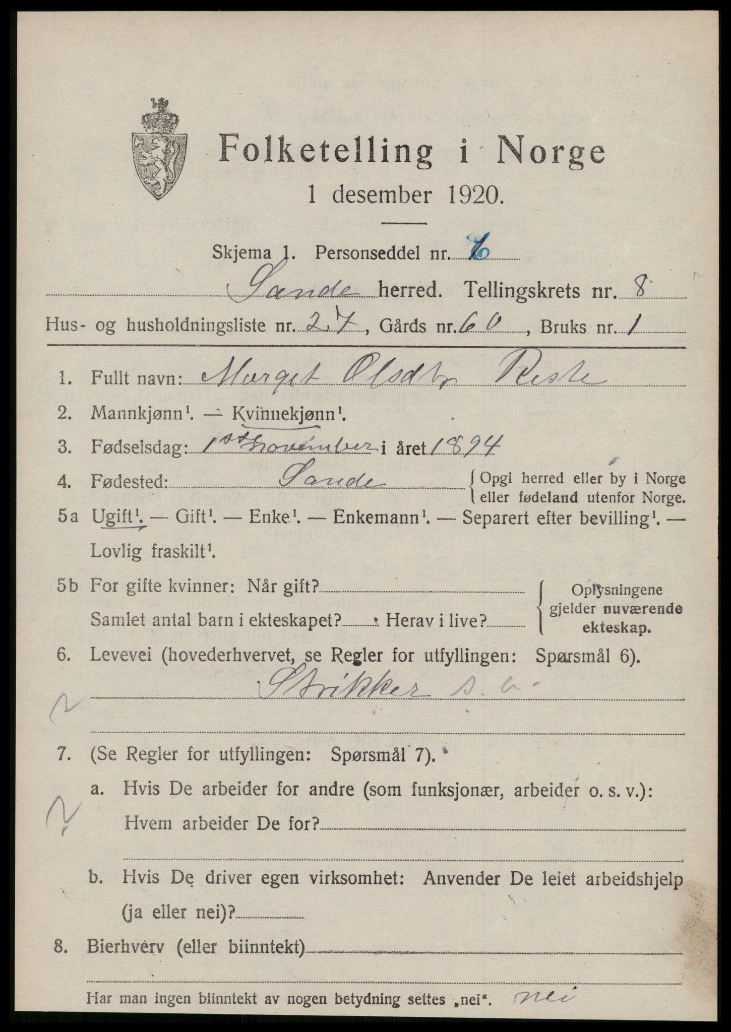 SAT, 1920 census for Sande (MR), 1920, p. 5092