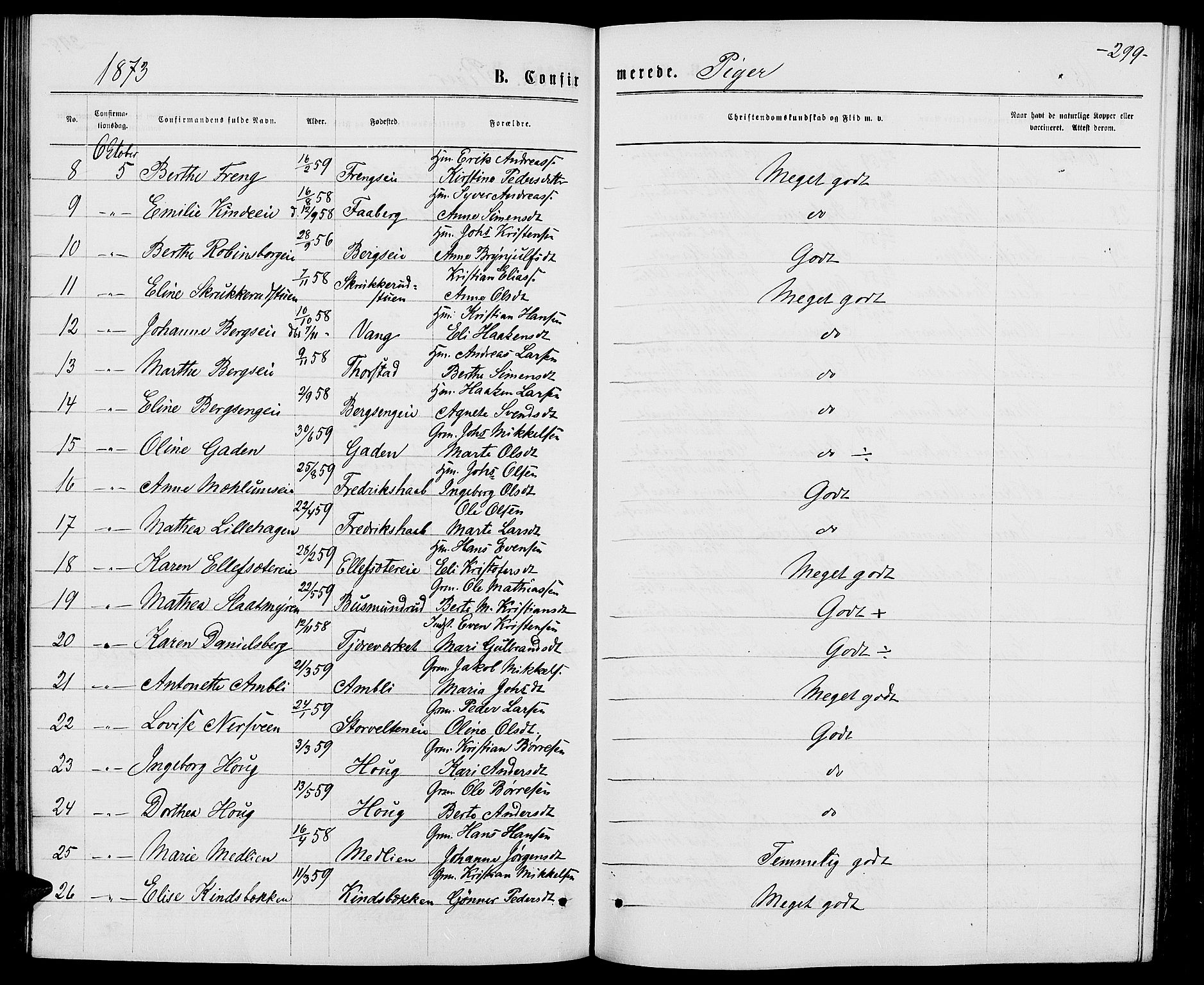 Ringsaker prestekontor, AV/SAH-PREST-014/L/La/L0008: Parish register (copy) no. 8, 1870-1878, p. 299