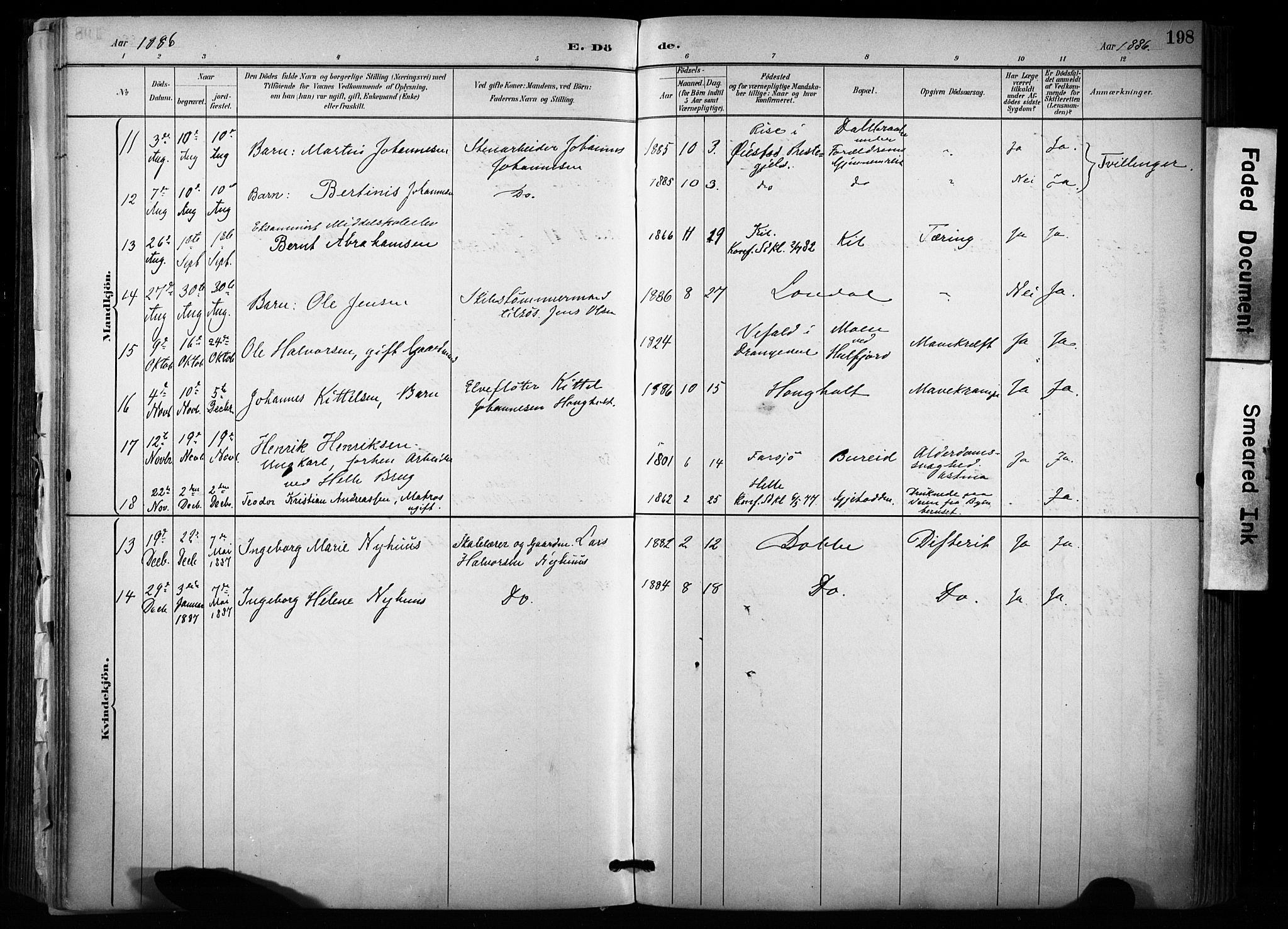 Sannidal kirkebøker, AV/SAKO-A-296/F/Fa/L0015: Parish register (official) no. 15, 1884-1899, p. 198