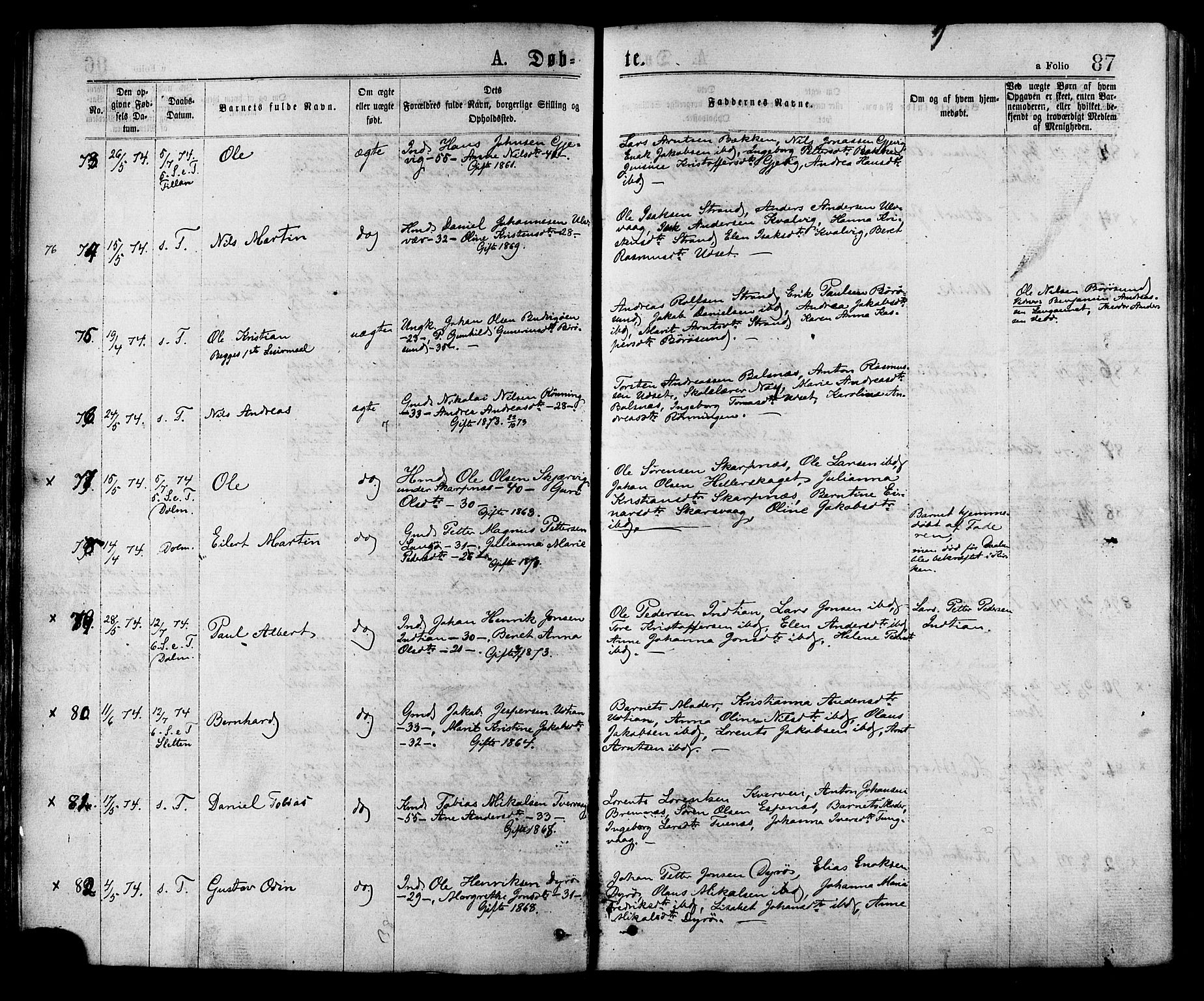 Ministerialprotokoller, klokkerbøker og fødselsregistre - Sør-Trøndelag, AV/SAT-A-1456/634/L0532: Parish register (official) no. 634A08, 1871-1881, p. 87