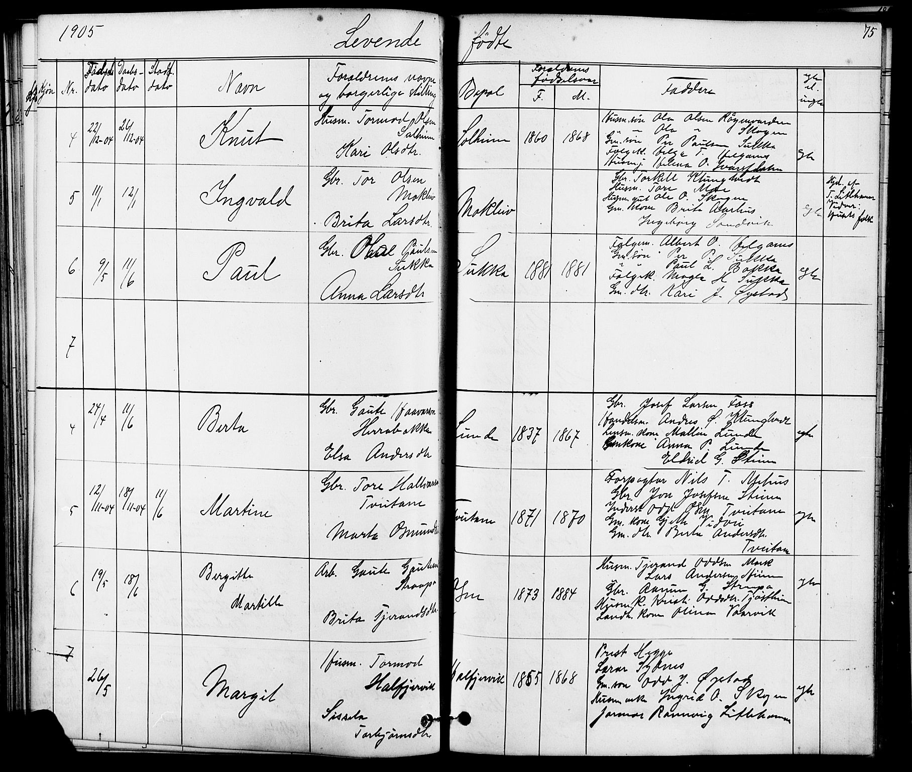 Suldal sokneprestkontor, AV/SAST-A-101845/01/V/L0005: Parish register (copy) no. B 5, 1885-1916, p. 75