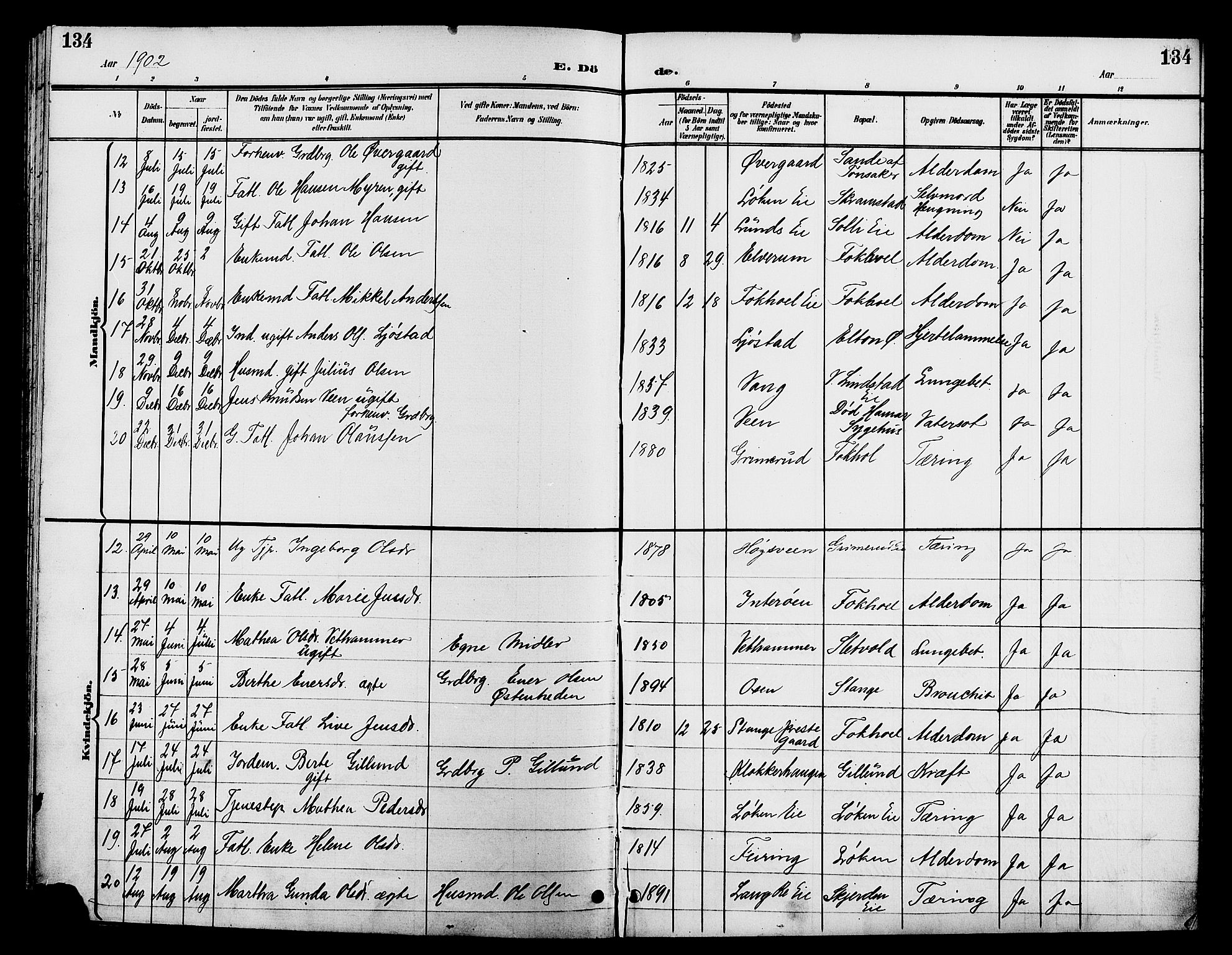 Stange prestekontor, AV/SAH-PREST-002/L/L0012: Parish register (copy) no. 12, 1900-1908, p. 134