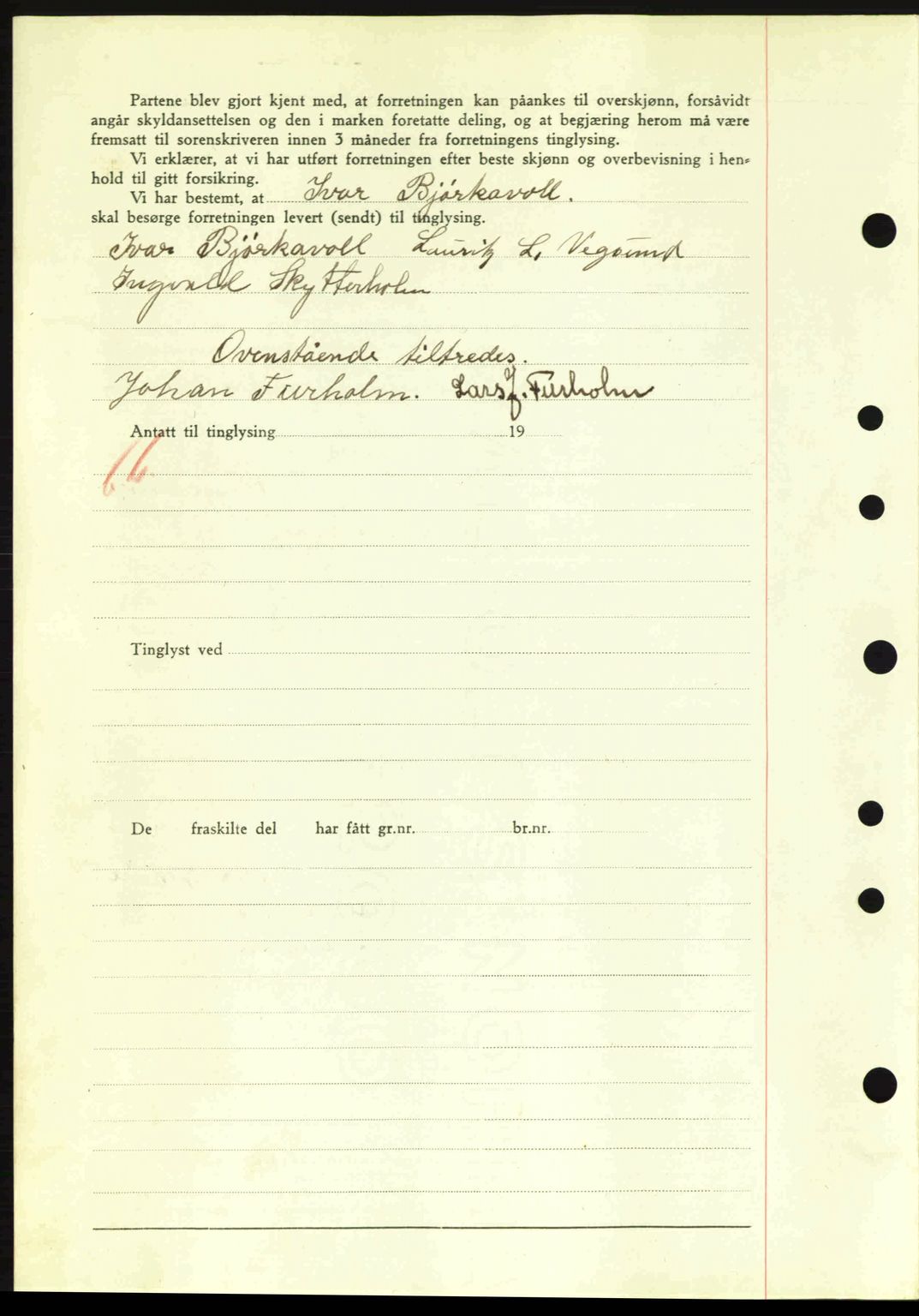 Nordre Sunnmøre sorenskriveri, SAT/A-0006/1/2/2C/2Ca: Mortgage book no. A11, 1941-1941, Diary no: : 1043/1941