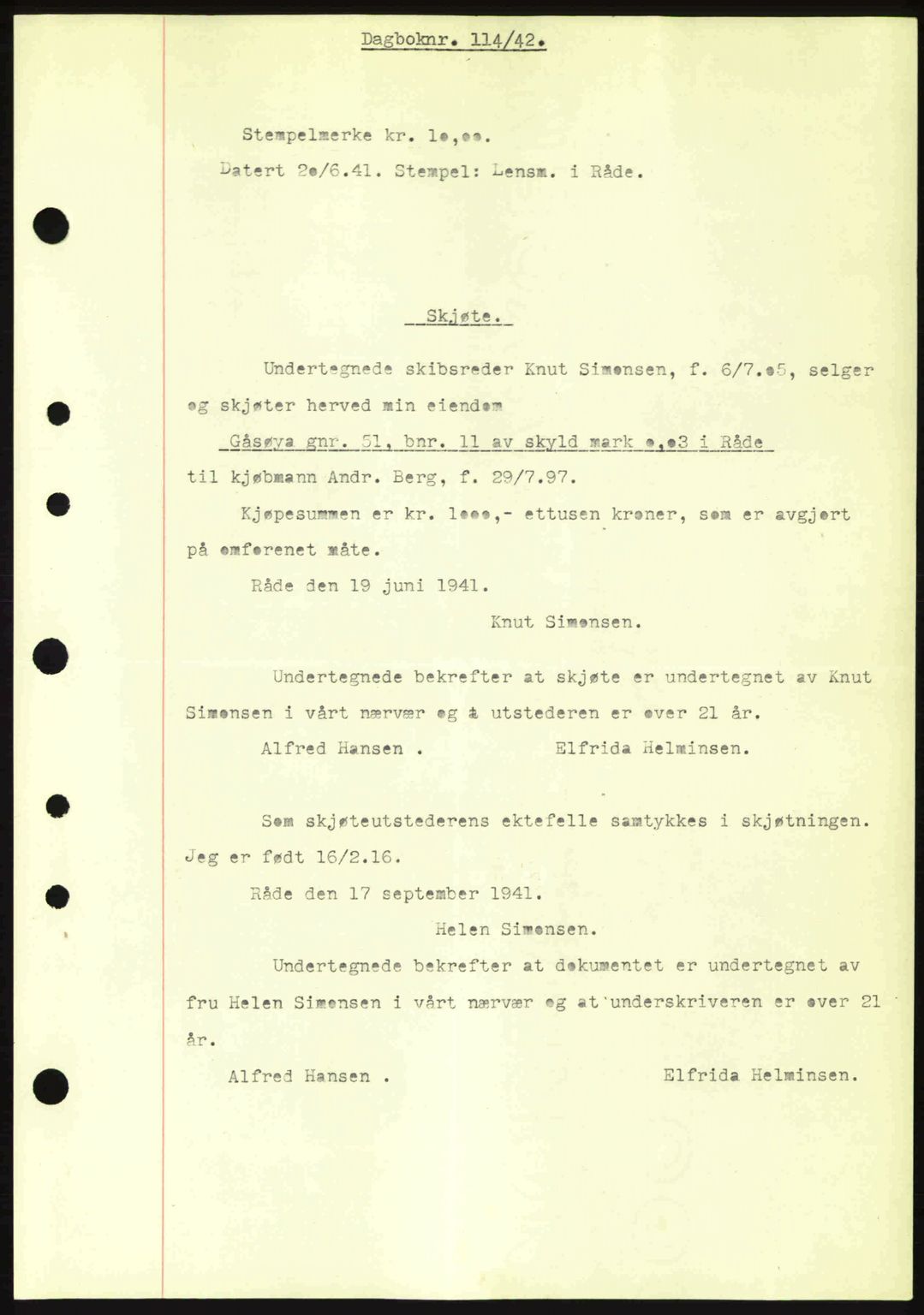 Moss sorenskriveri, SAO/A-10168: Mortgage book no. A9, 1941-1942, Diary no: : 114/1942