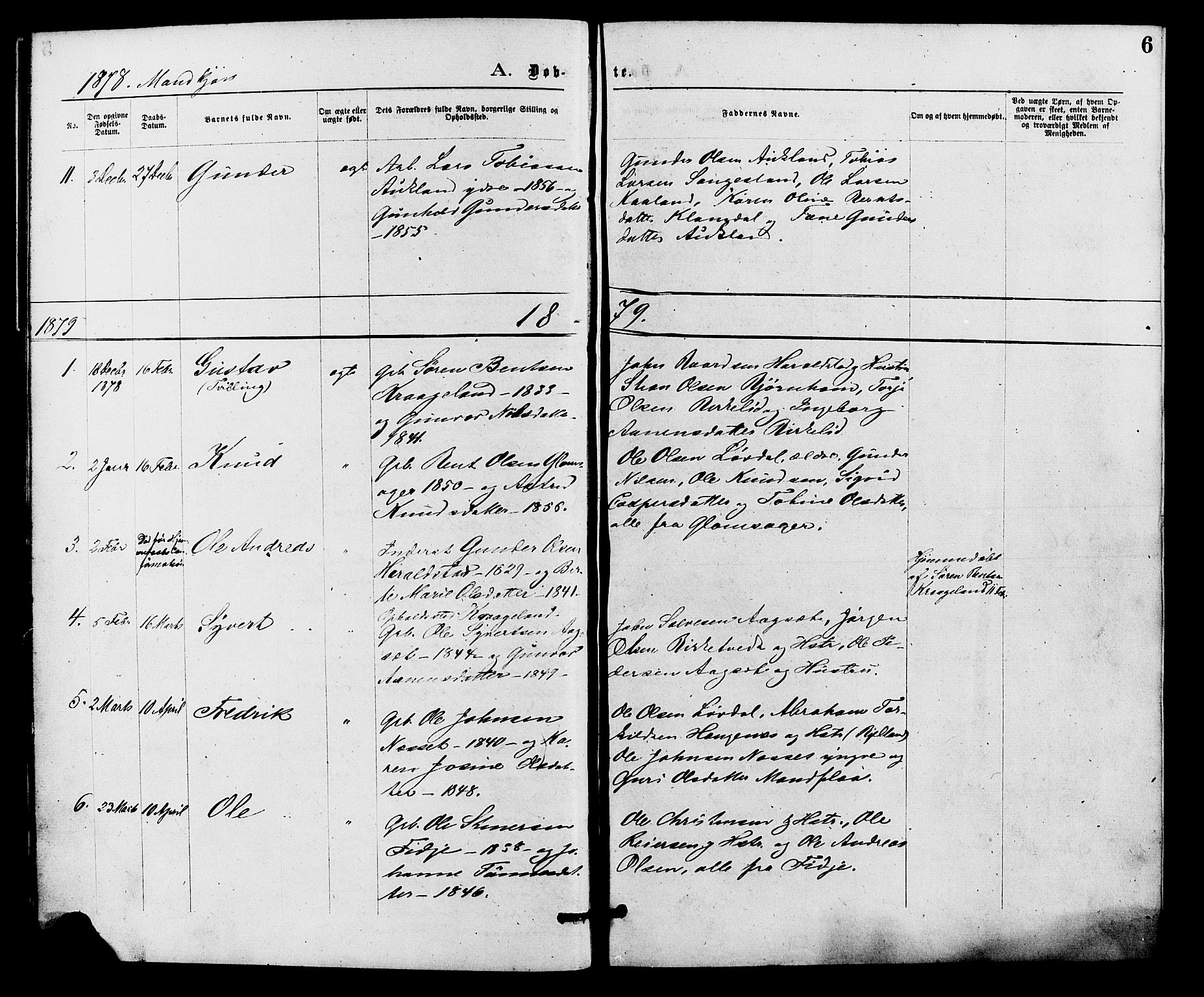 Holum sokneprestkontor, AV/SAK-1111-0022/F/Fa/Fab/L0006: Parish register (official) no. A 6, 1875-1886, p. 6