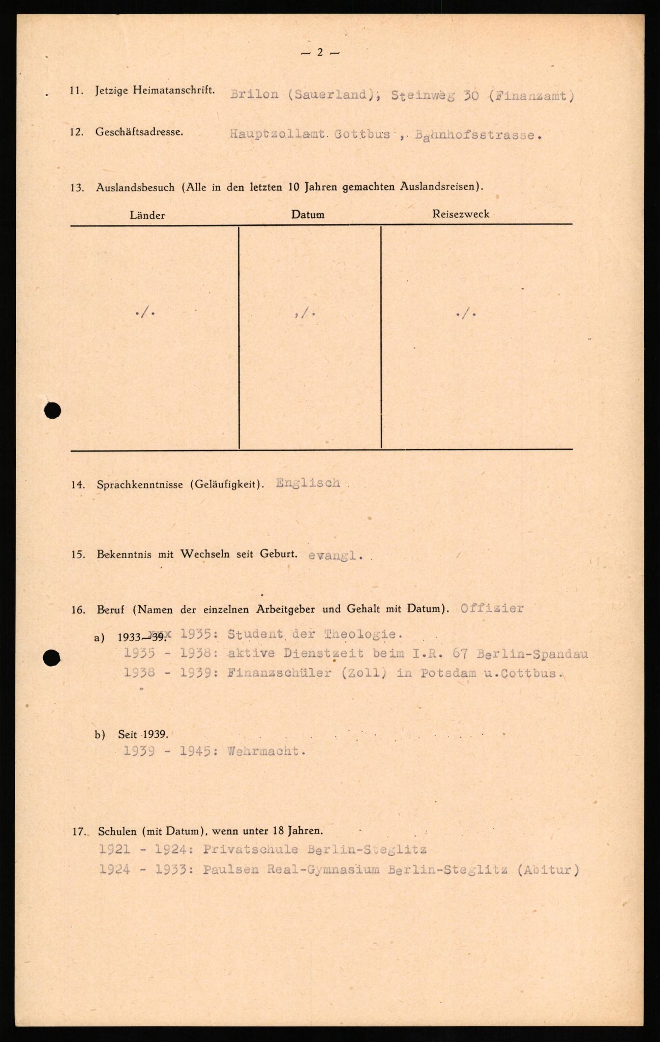 Forsvaret, Forsvarets overkommando II, AV/RA-RAFA-3915/D/Db/L0018: CI Questionaires. Tyske okkupasjonsstyrker i Norge. Tyskere., 1945-1946, p. 20