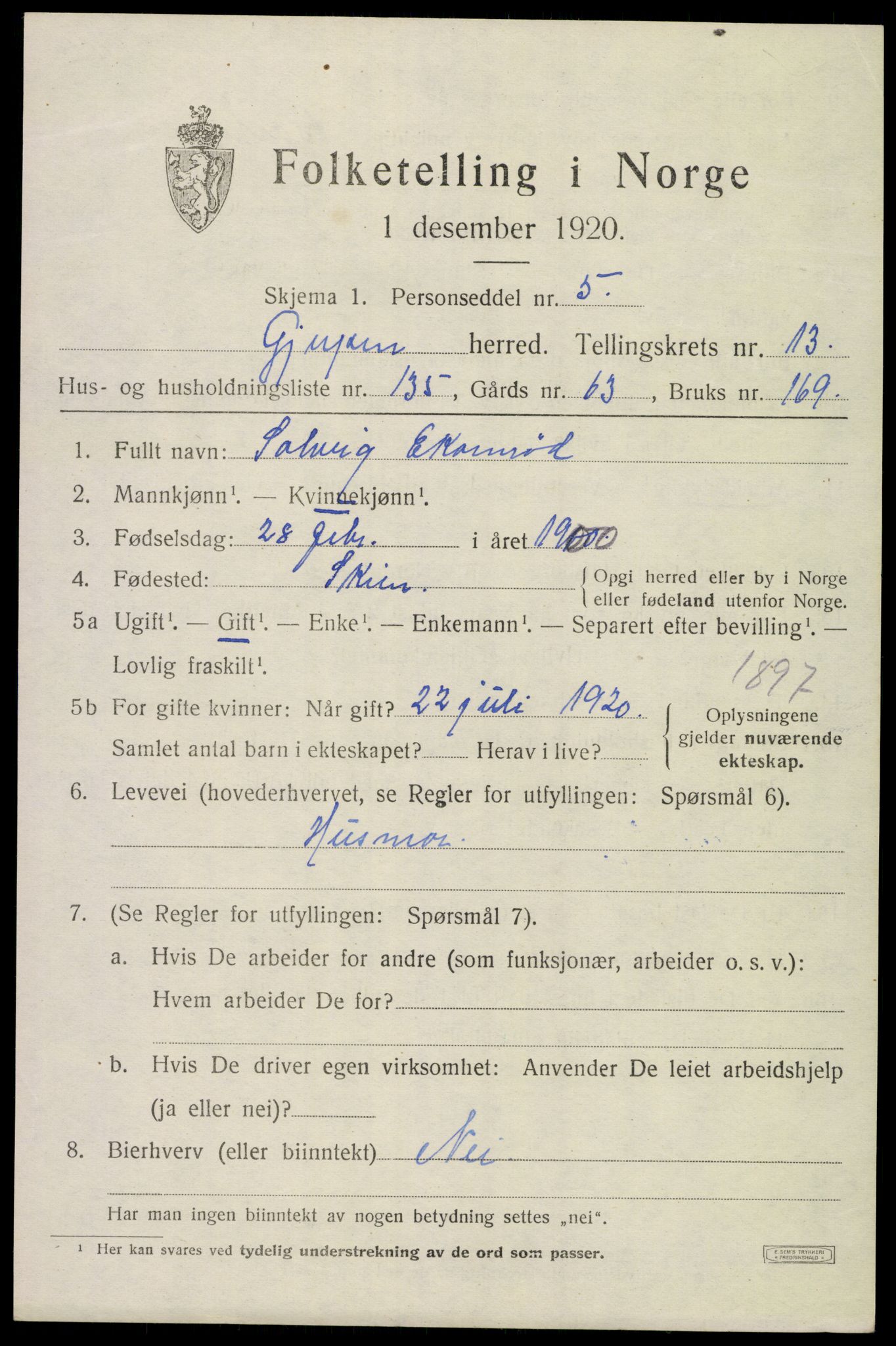 SAKO, 1920 census for Gjerpen, 1920, p. 15674