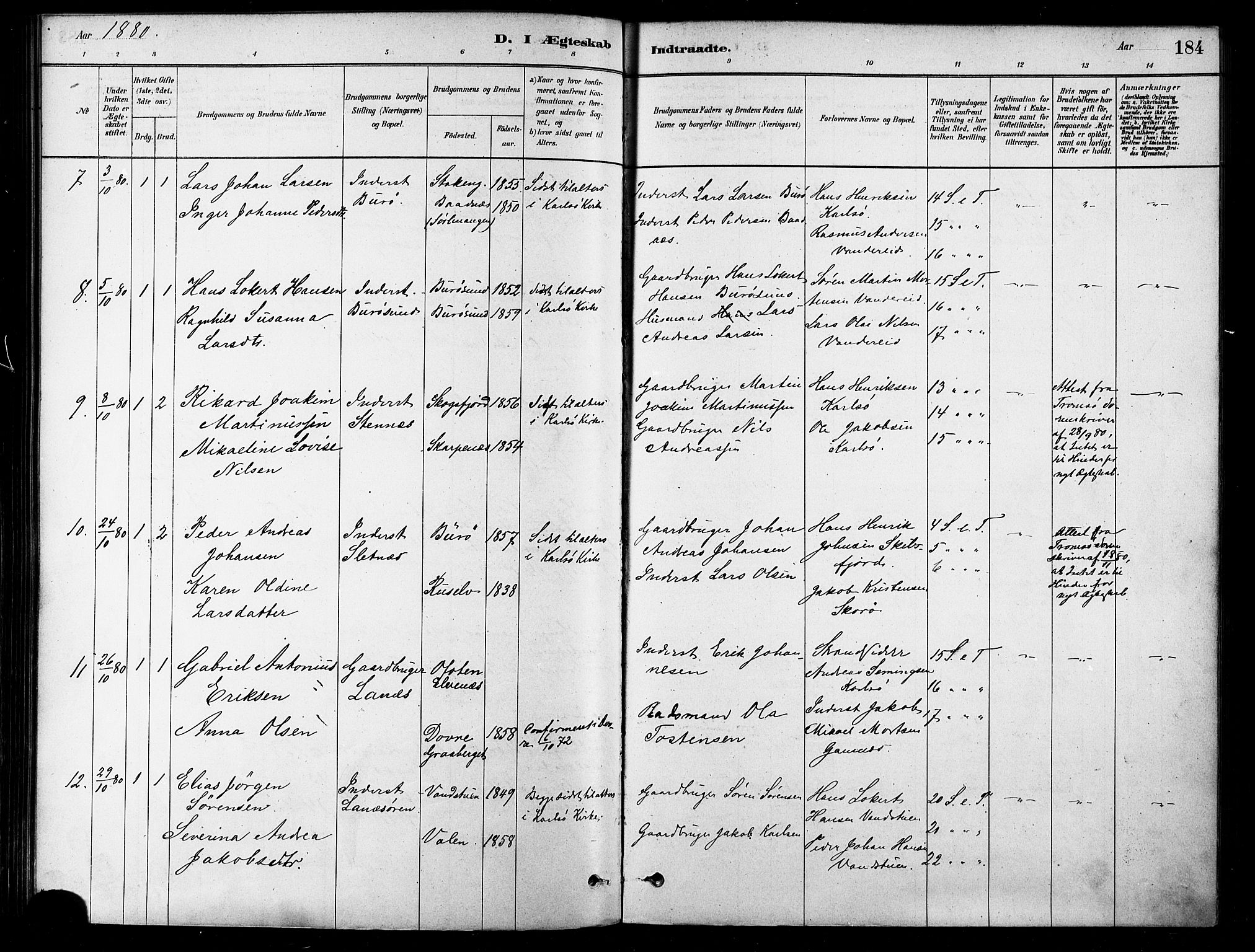Karlsøy sokneprestembete, SATØ/S-1299/H/Ha/Haa/L0006kirke: Parish register (official) no. 6, 1879-1890, p. 184