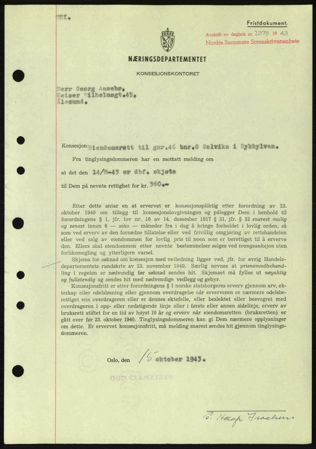 Nordre Sunnmøre sorenskriveri, SAT/A-0006/1/2/2C/2Ca: Mortgage book no. B6-14 a, 1942-1945, Diary no: : 1375/1943