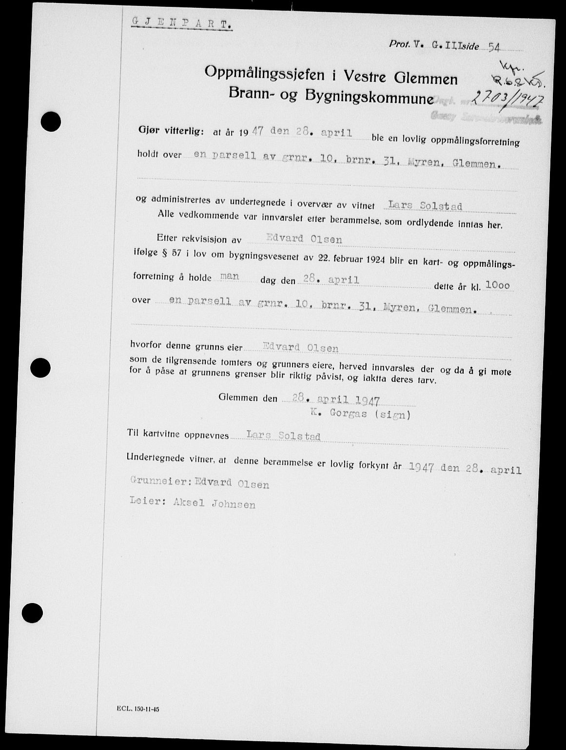 Onsøy sorenskriveri, SAO/A-10474/G/Ga/Gab/L0021: Mortgage book no. II A-21, 1947-1947, Diary no: : 2703/1947