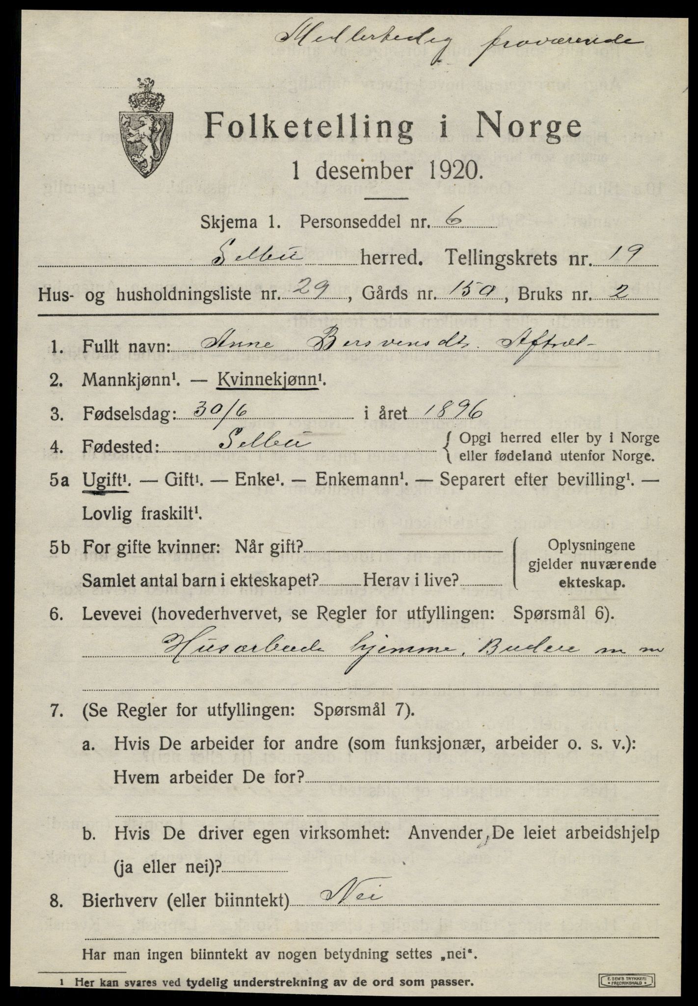 SAT, 1920 census for Selbu, 1920, p. 10200