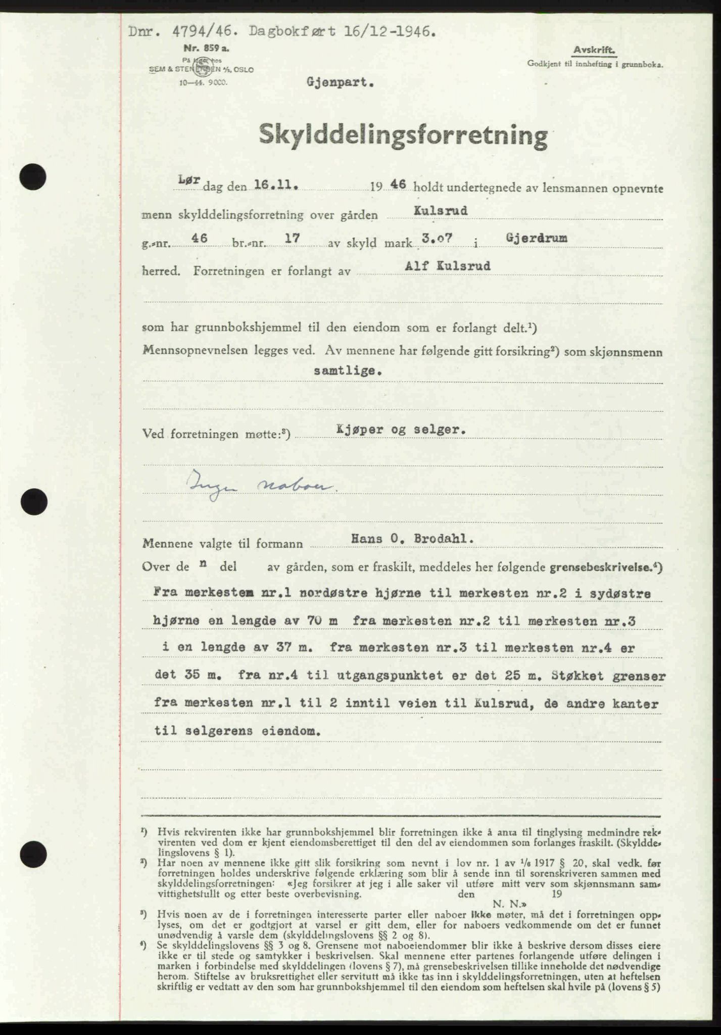 Nedre Romerike sorenskriveri, AV/SAO-A-10469/G/Gb/Gbd/L0017: Mortgage book no. 17, 1946-1946, Diary no: : 4794/1946