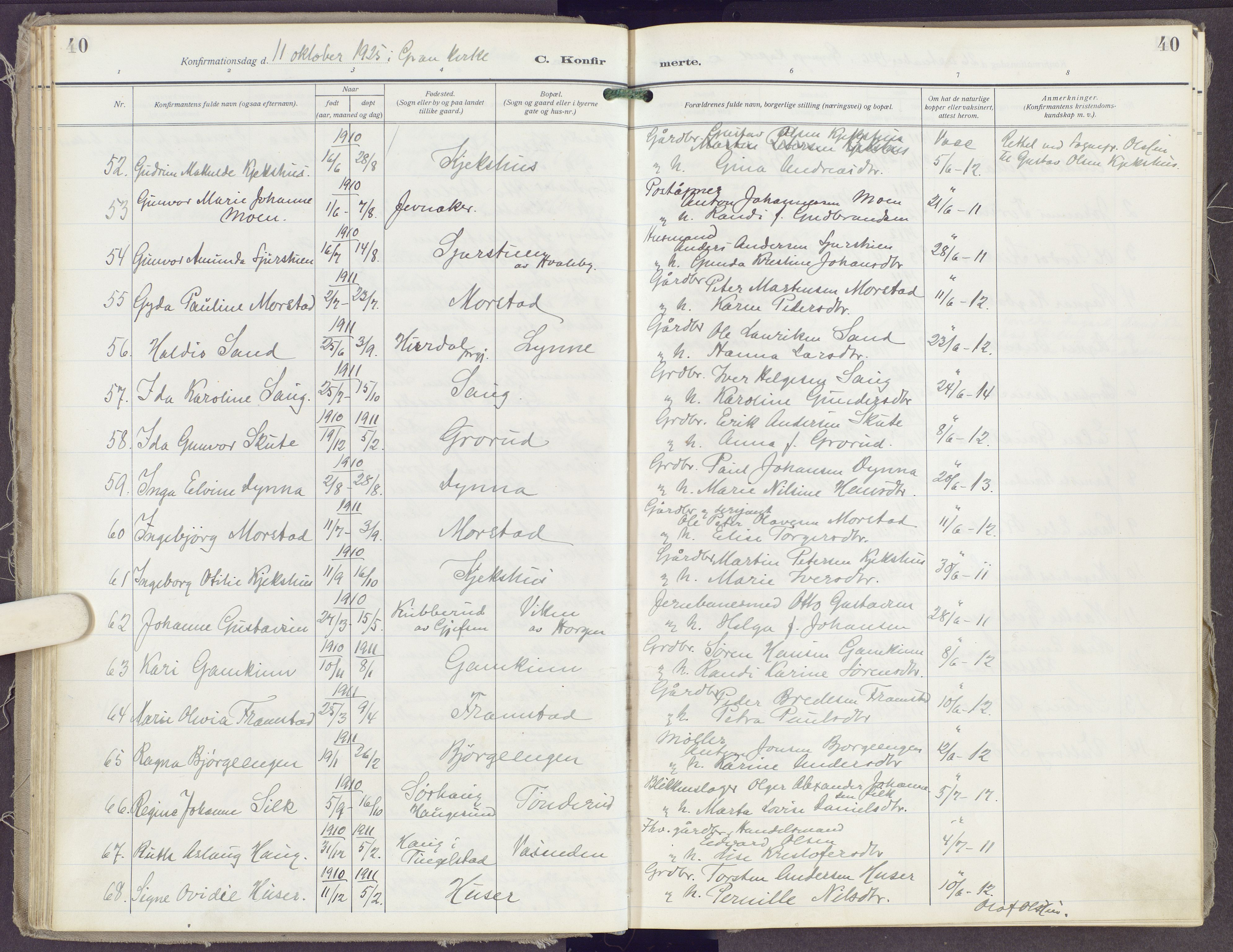 Gran prestekontor, SAH/PREST-112/H/Ha/Haa/L0023: Parish register (official) no. 23, 1919-1938, p. 40