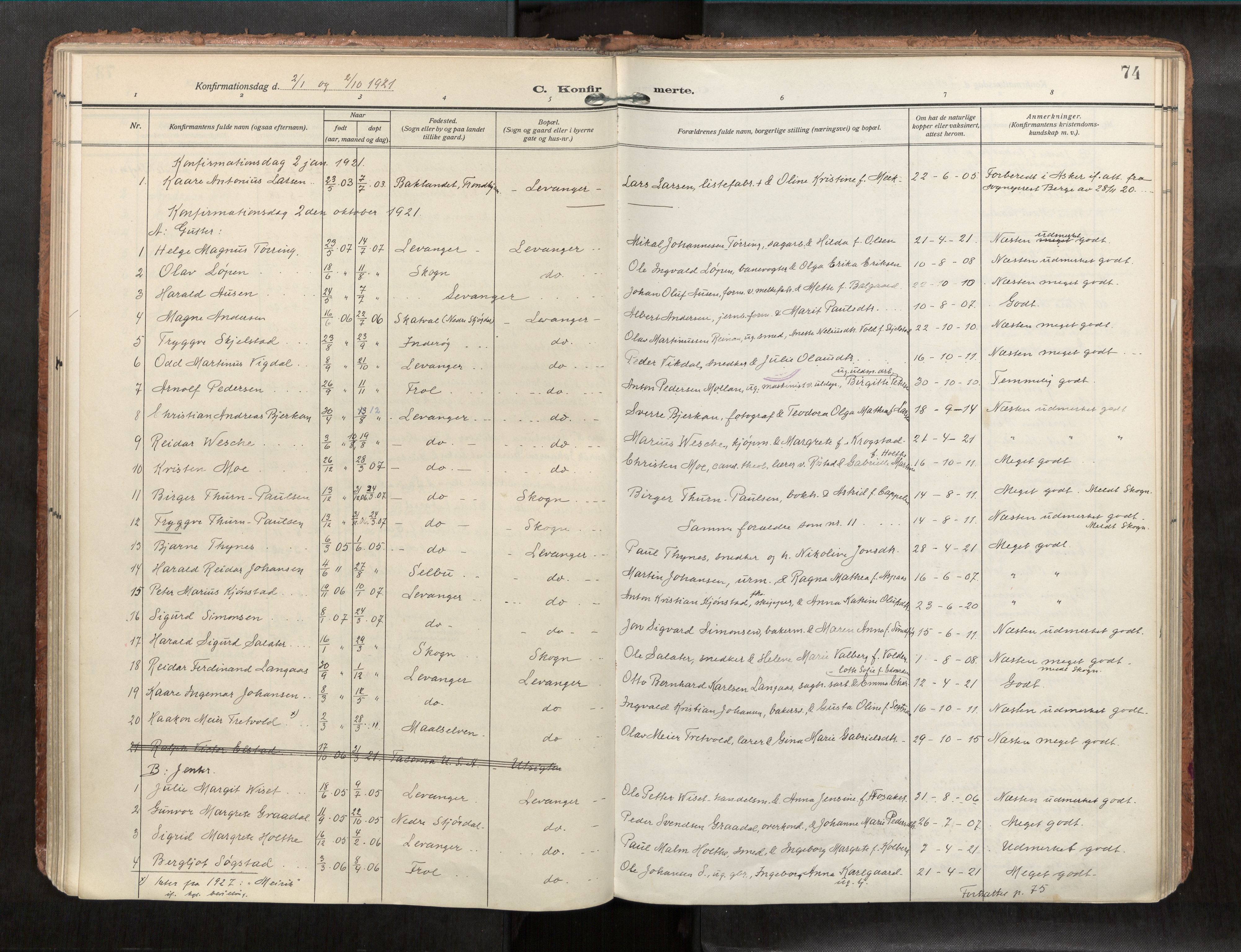 Levanger sokneprestkontor, SAT/A-1301/2/H/Haa/L0001: Parish register (official) no. 1, 1912-1932, p. 74