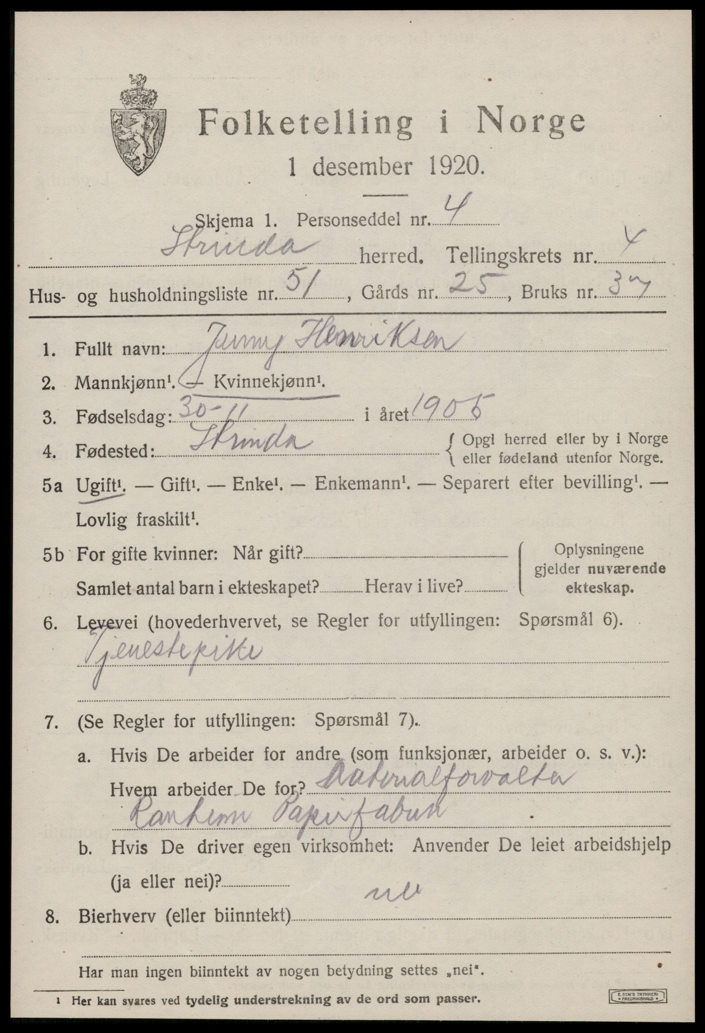 SAT, 1920 census for Strinda, 1920, p. 13550