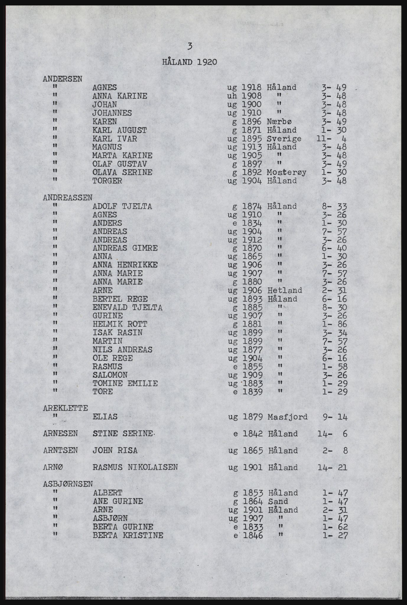 SAST, Copy of 1920 census for Håland, 1920, p. 137