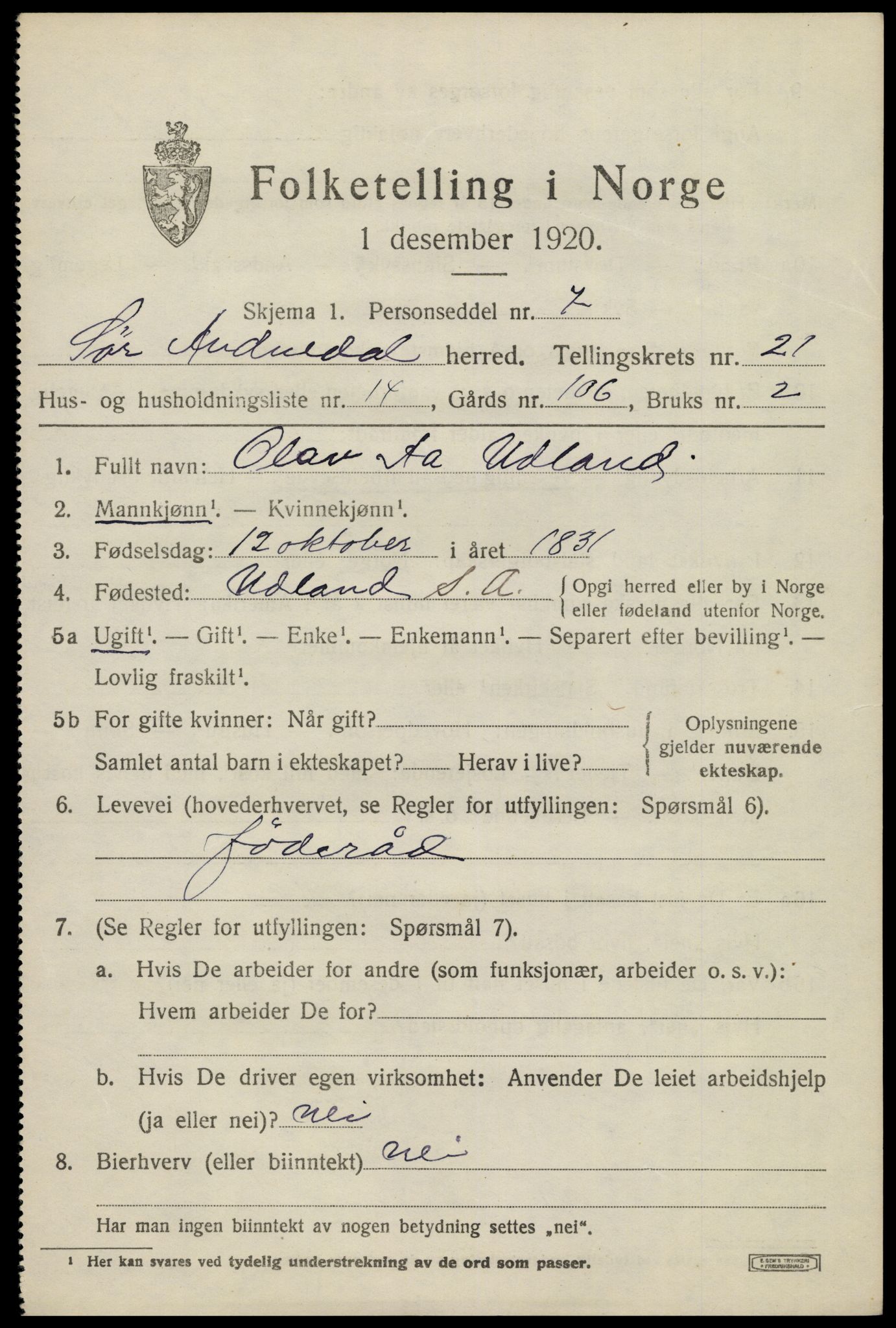 SAK, 1920 census for Sør-Audnedal, 1920, p. 7023