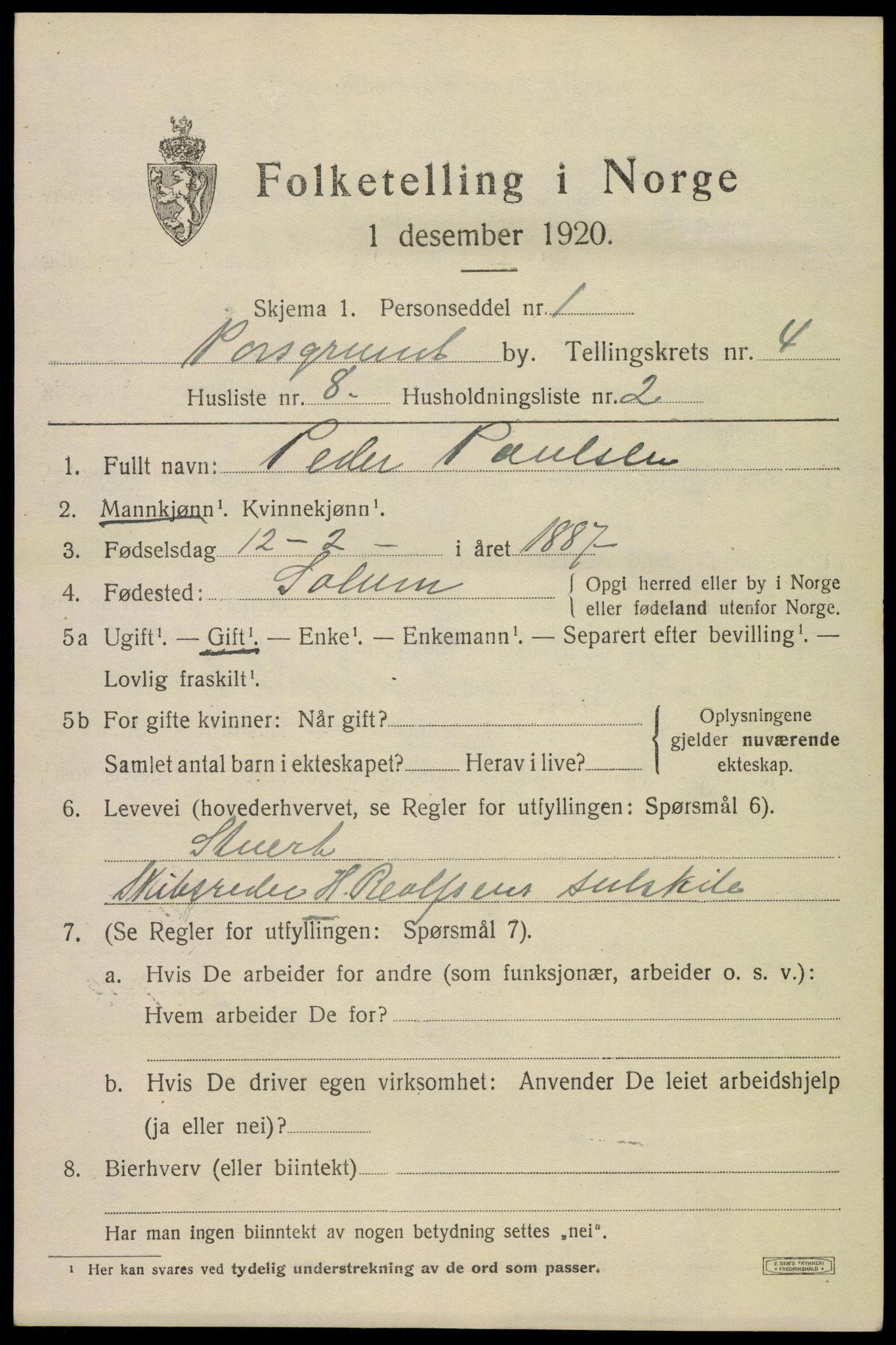 SAKO, 1920 census for Porsgrunn, 1920, p. 18933