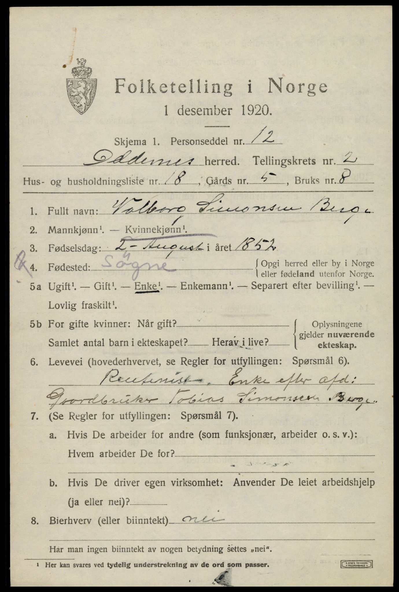 SAK, 1920 census for Oddernes, 1920, p. 3041