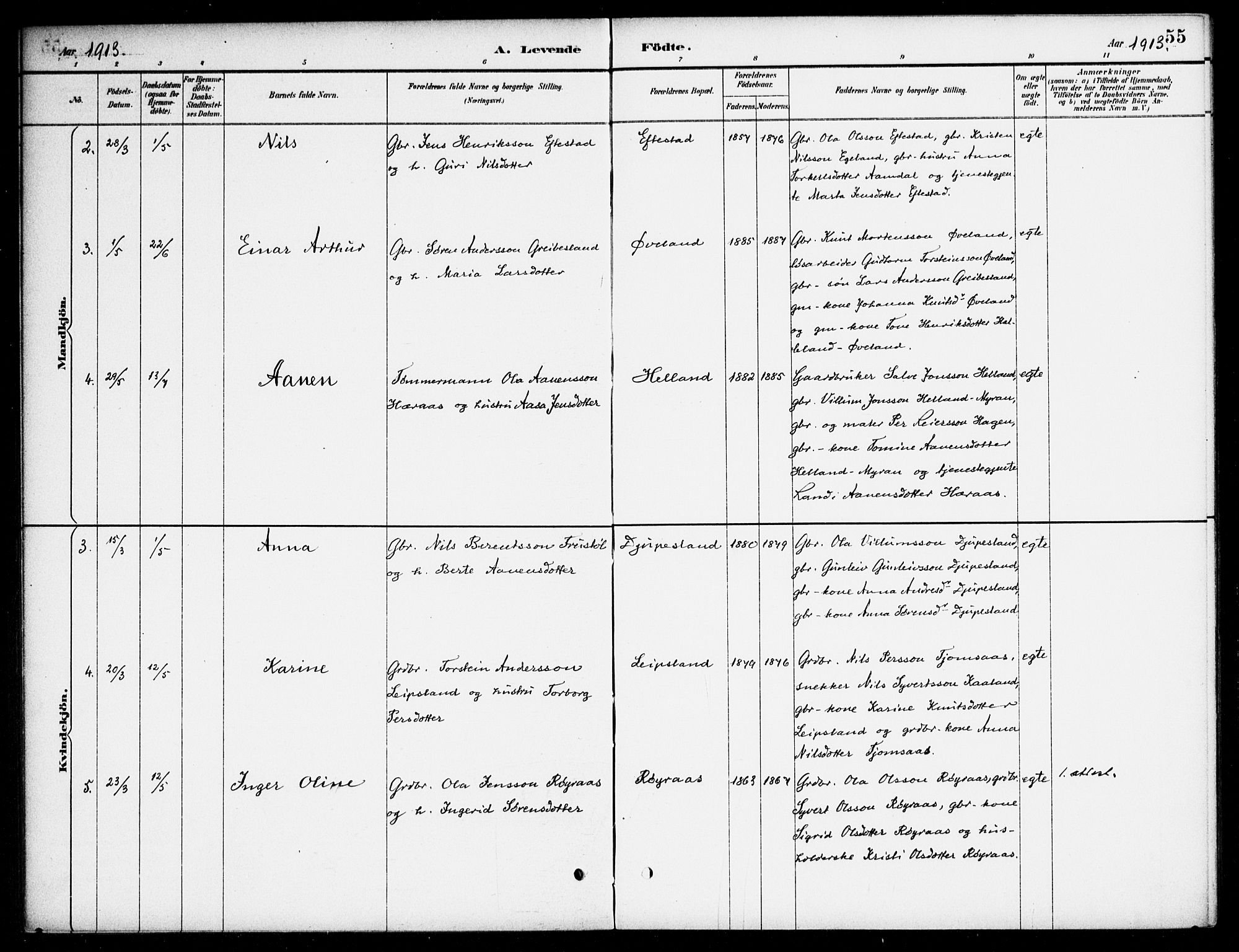 Bjelland sokneprestkontor, AV/SAK-1111-0005/F/Fa/Fab/L0004: Parish register (official) no. A 4, 1887-1920, p. 55