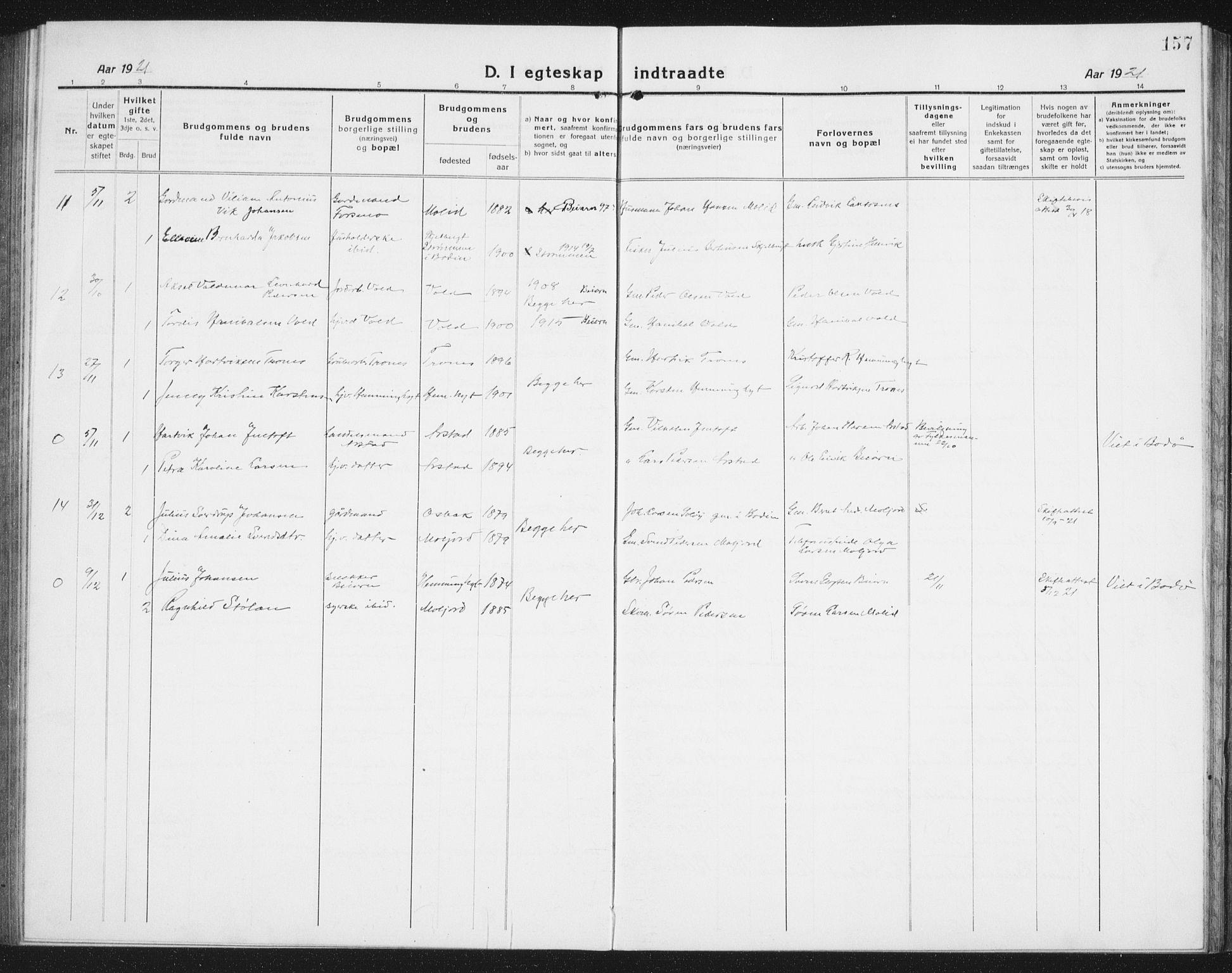 Ministerialprotokoller, klokkerbøker og fødselsregistre - Nordland, AV/SAT-A-1459/846/L0656: Parish register (copy) no. 846C06, 1917-1936, p. 157