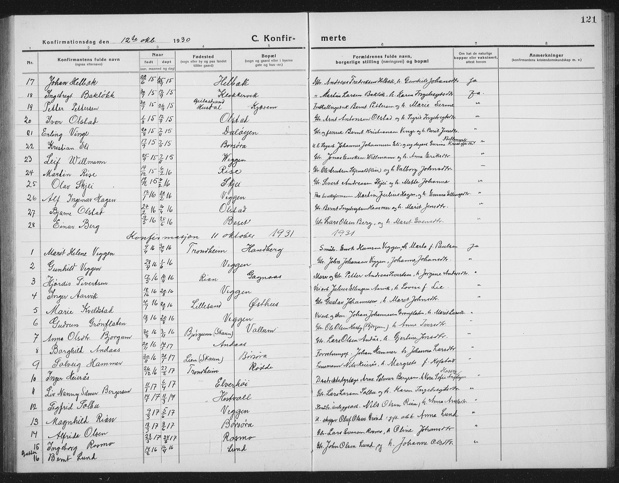 Ministerialprotokoller, klokkerbøker og fødselsregistre - Sør-Trøndelag, SAT/A-1456/665/L0778: Parish register (copy) no. 665C03, 1916-1938, p. 121
