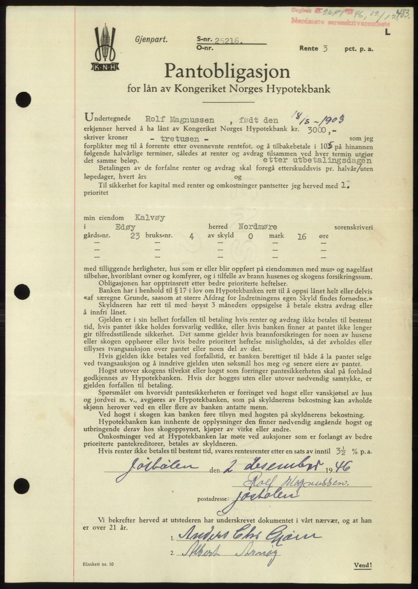 Nordmøre sorenskriveri, AV/SAT-A-4132/1/2/2Ca: Mortgage book no. B95, 1946-1947, Diary no: : 2617/1946