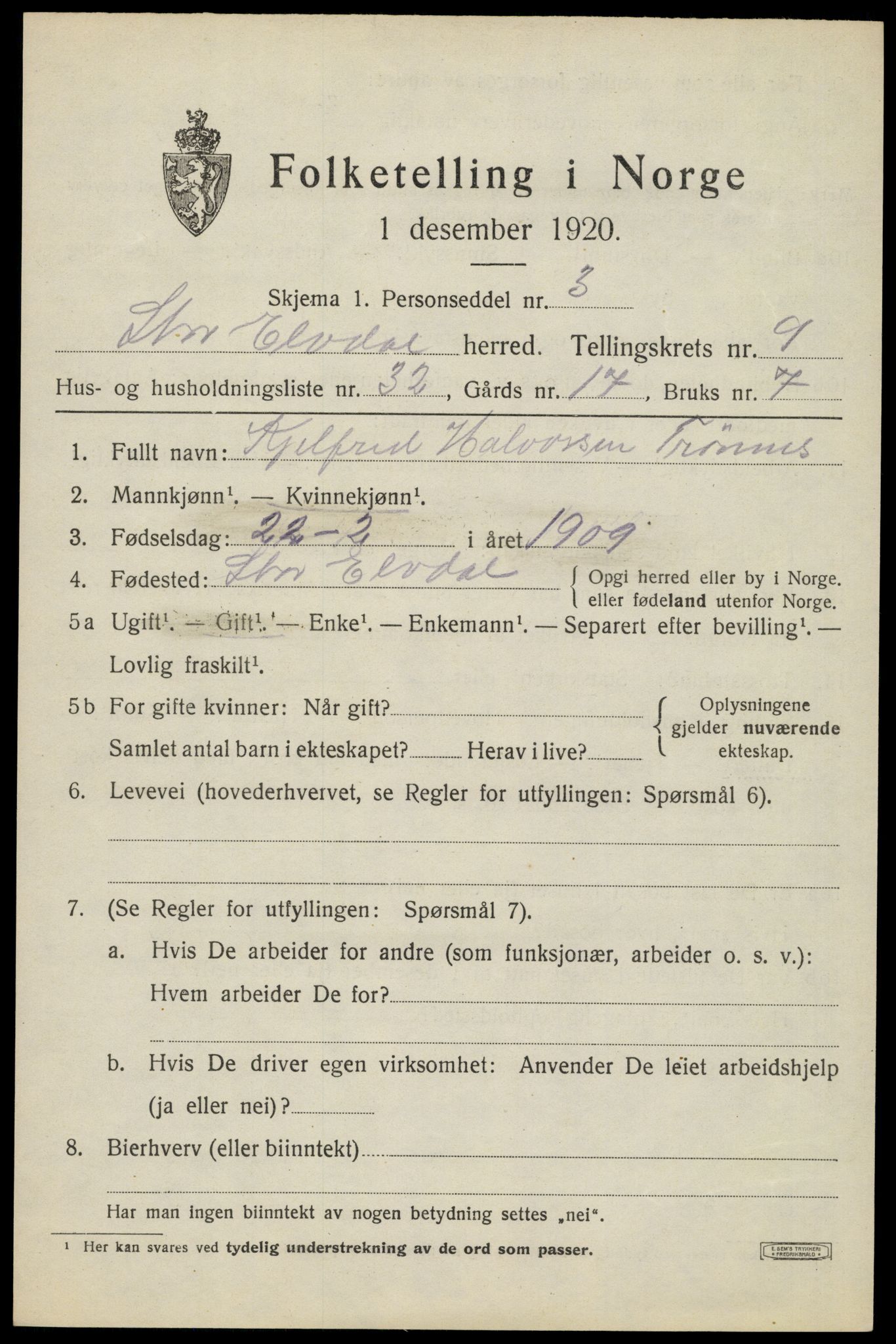 SAH, 1920 census for Stor-Elvdal, 1920, p. 8848