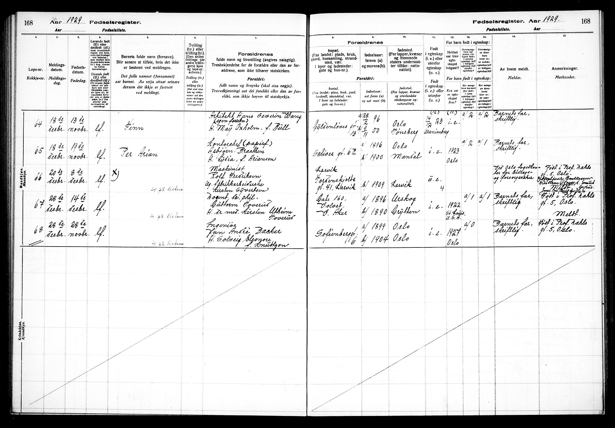 Uranienborg prestekontor Kirkebøker, AV/SAO-A-10877/J/Ja/L0001: Birth register no. 1, 1916-1930, p. 168