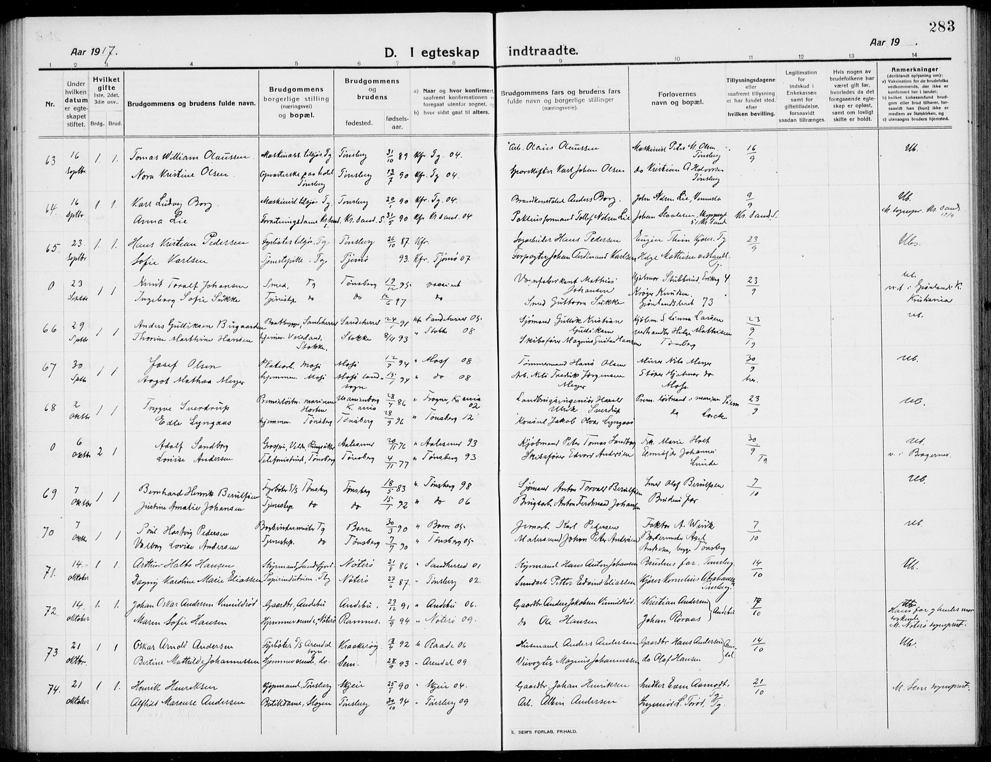 Tønsberg kirkebøker, AV/SAKO-A-330/G/Ga/L0009: Parish register (copy) no. 9, 1913-1920, p. 283