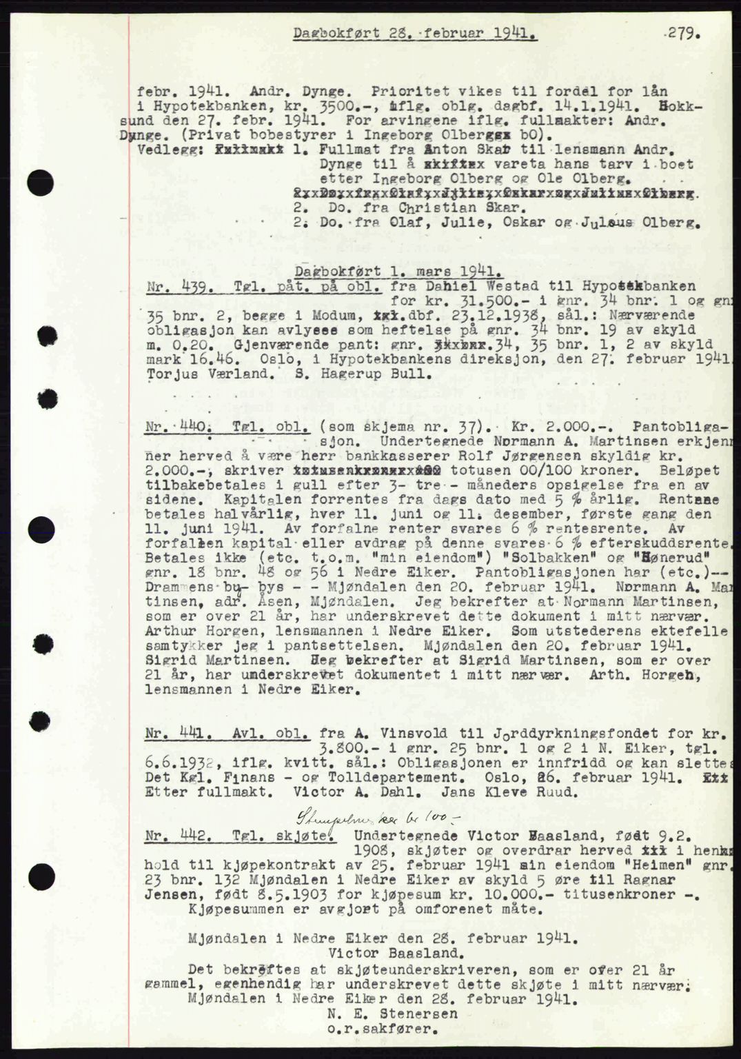 Eiker, Modum og Sigdal sorenskriveri, SAKO/A-123/G/Ga/Gab/L0043: Mortgage book no. A13, 1940-1941, Diary no: : 439/1941