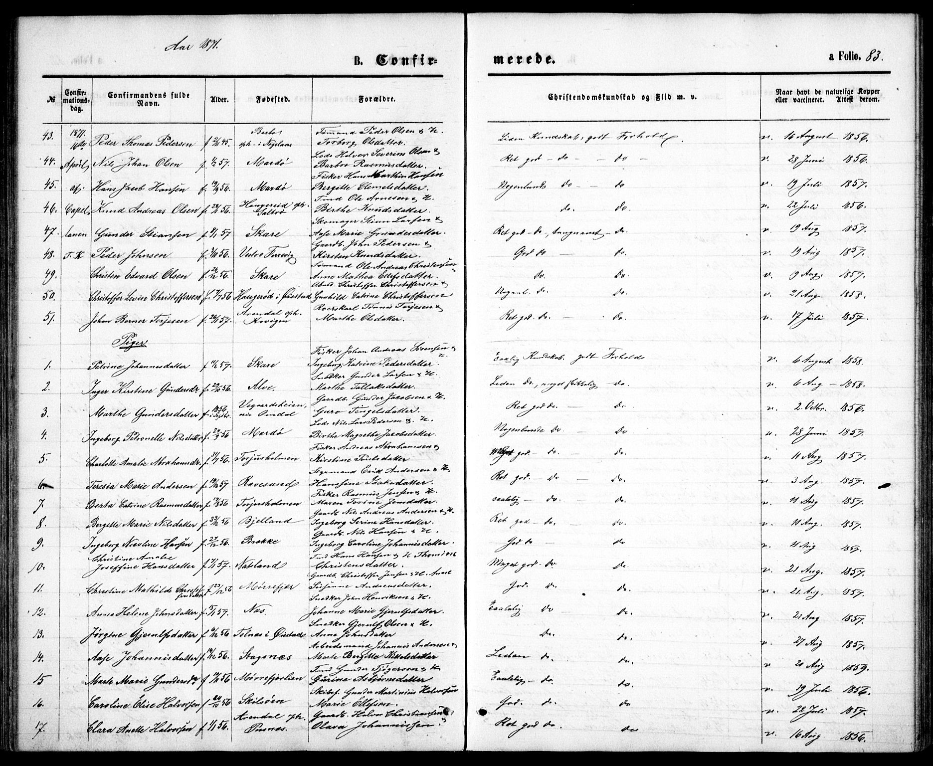 Tromøy sokneprestkontor, AV/SAK-1111-0041/F/Fb/L0004: Parish register (copy) no. B 4, 1869-1877, p. 83