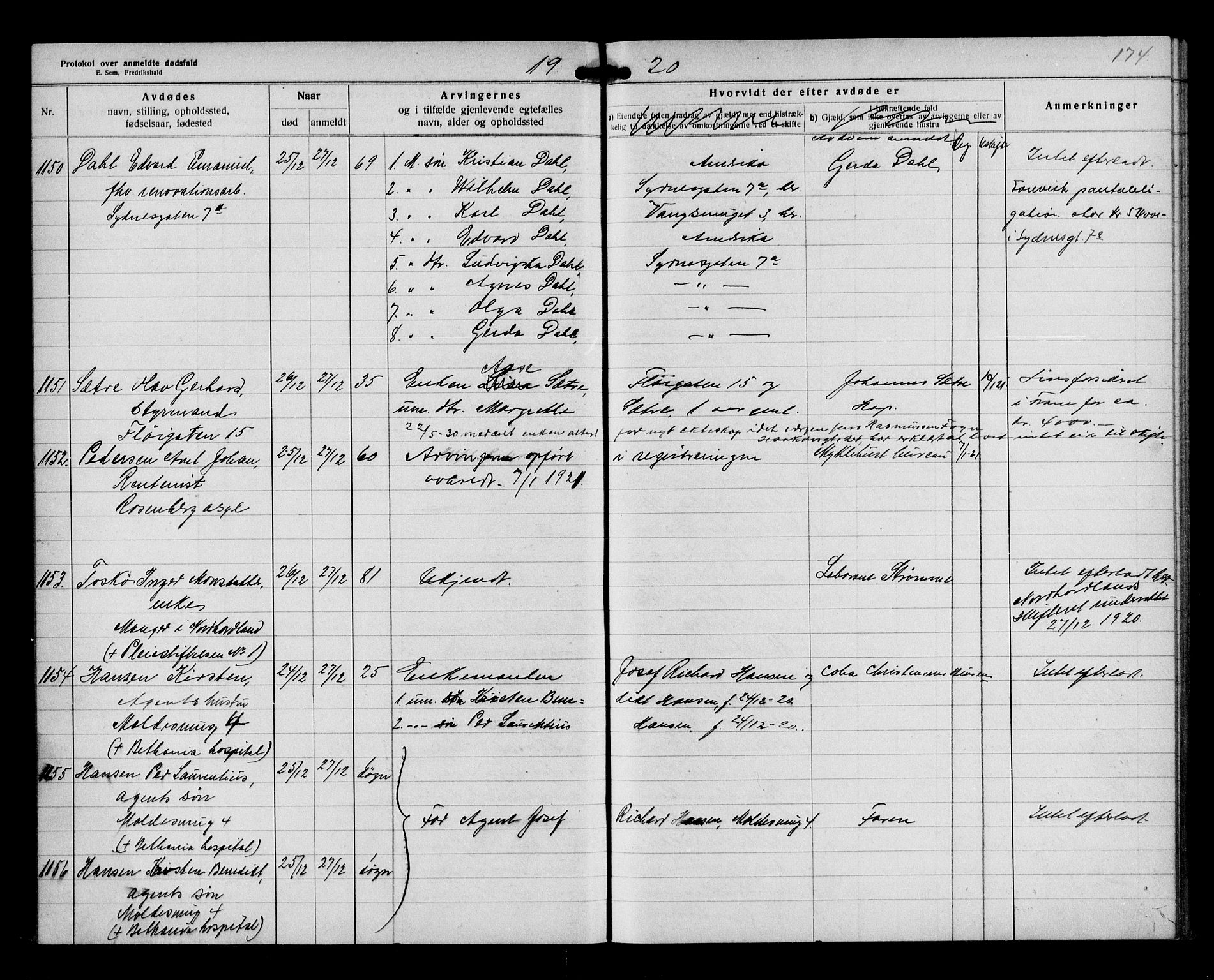 Byfogd og Byskriver i Bergen, AV/SAB-A-3401/06/06Na/L0013: Dødsfallsjournaler, 1919-1921, p. 174