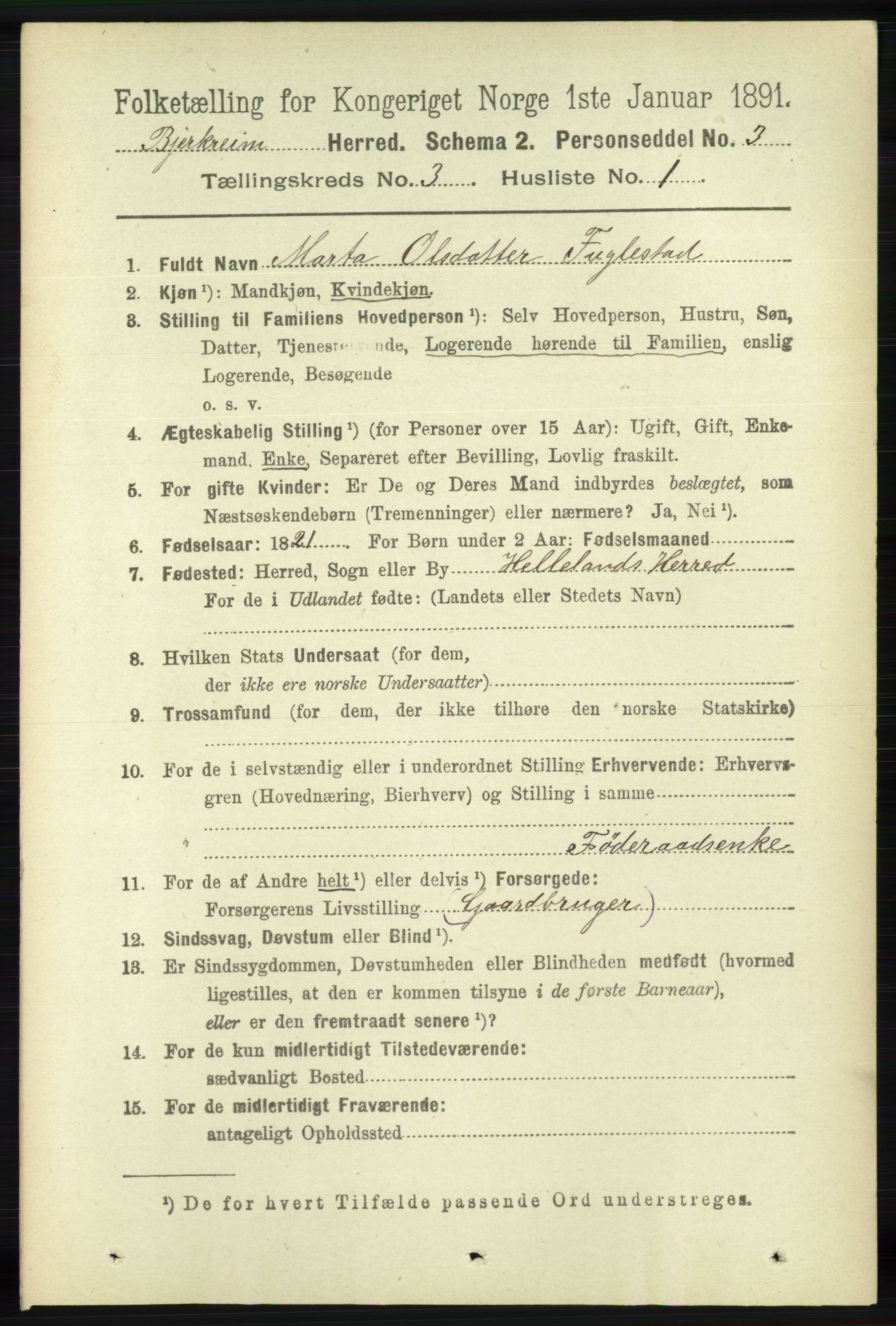 RA, 1891 census for 1114 Bjerkreim, 1891, p. 894