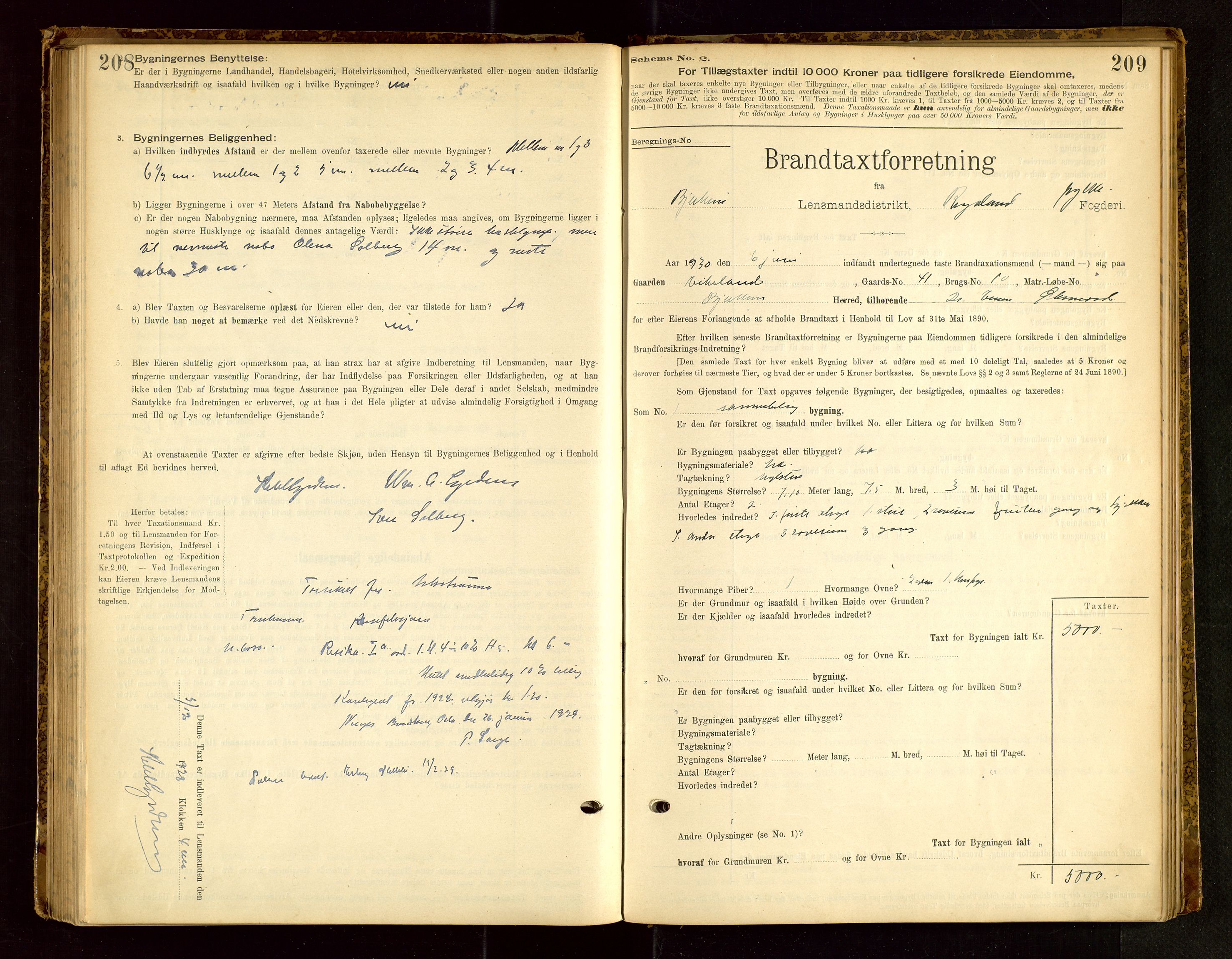 Bjerkreim lensmannskontor, SAST/A-100090/Gob/L0001: "Brandtaxationsprotokol", 1895-1950, p. 208-209