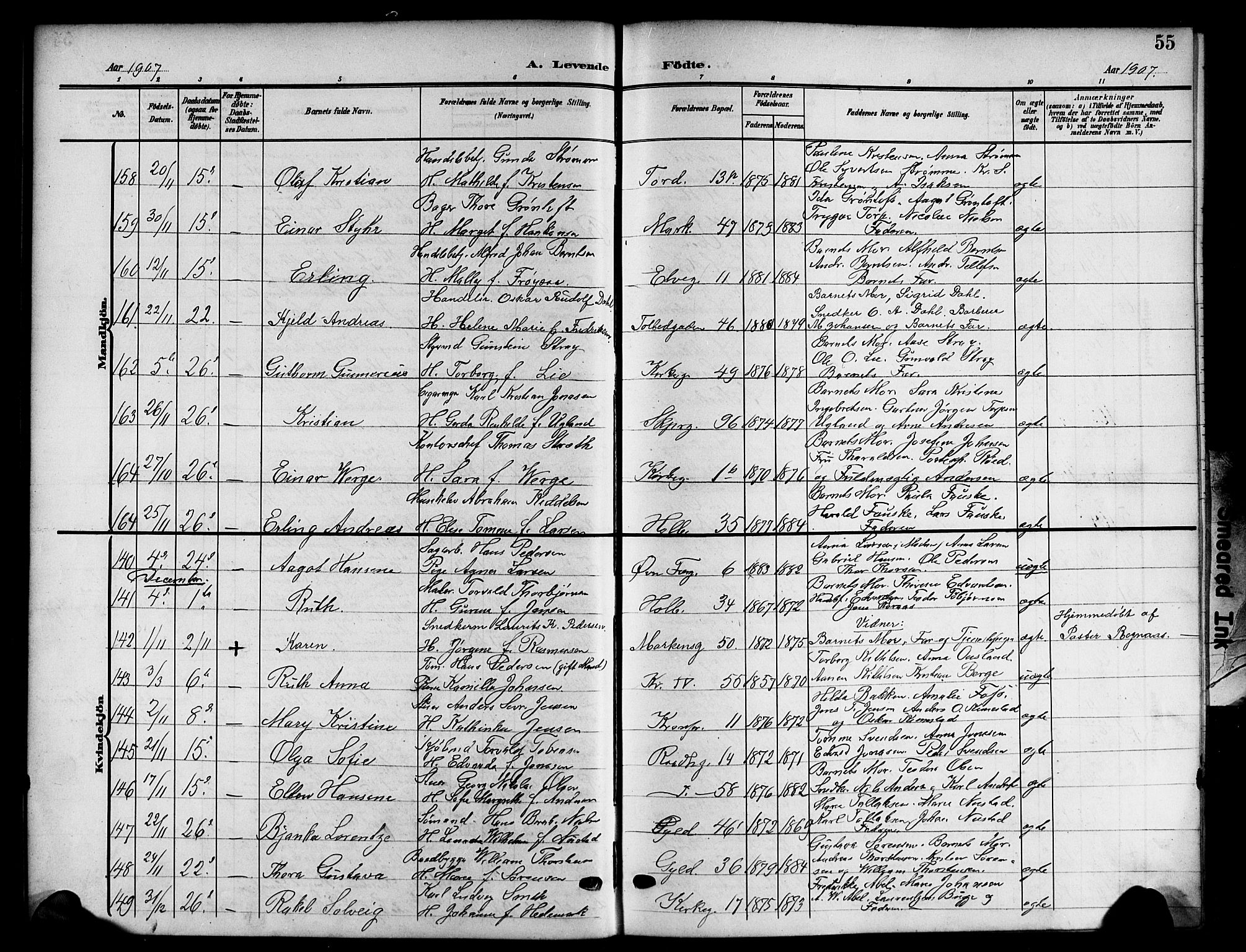 Kristiansand domprosti, SAK/1112-0006/F/Fb/L0019: Parish register (copy) no. B 19, 1905-1914, p. 55