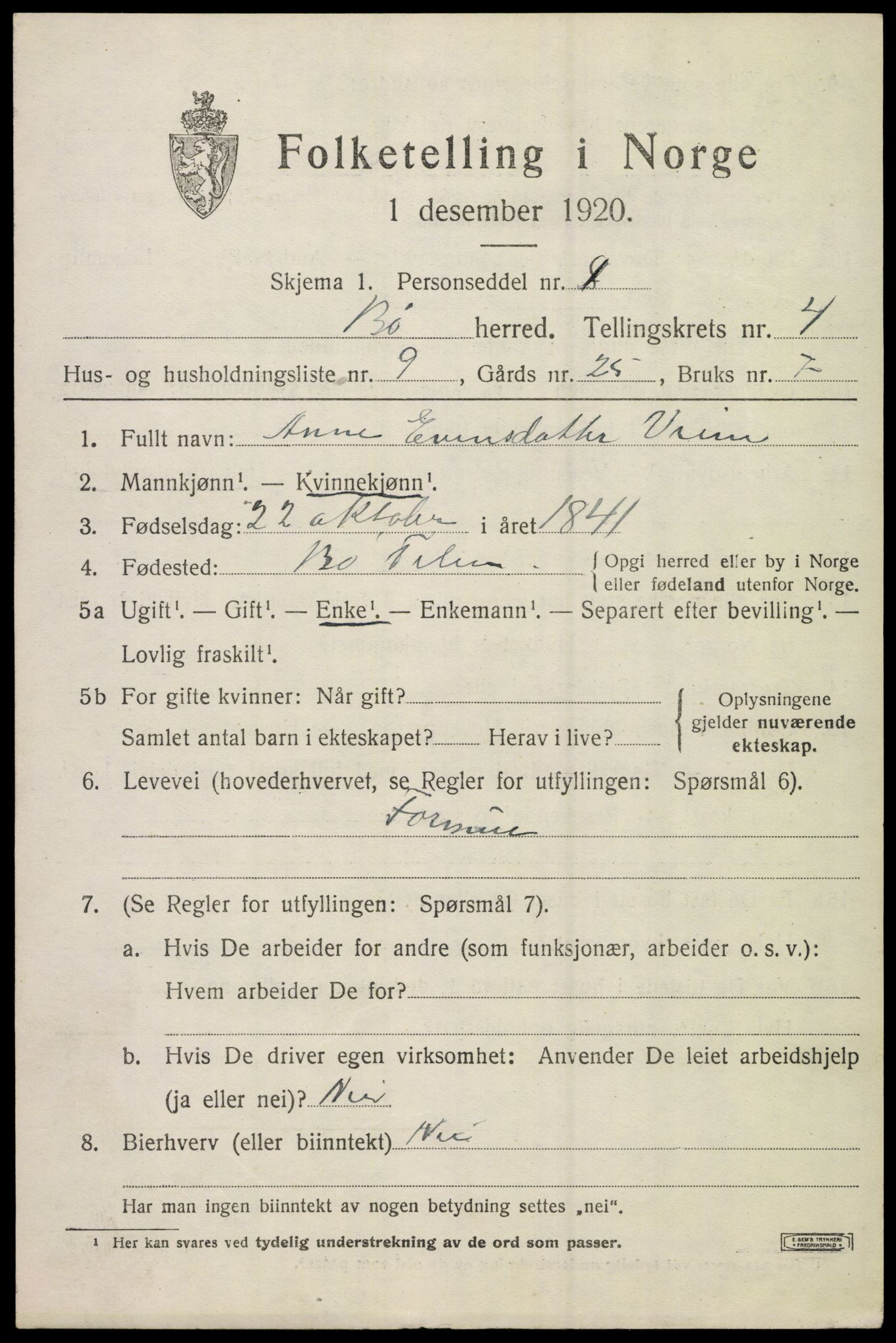 SAKO, 1920 census for Bø (Telemark), 1920, p. 3284