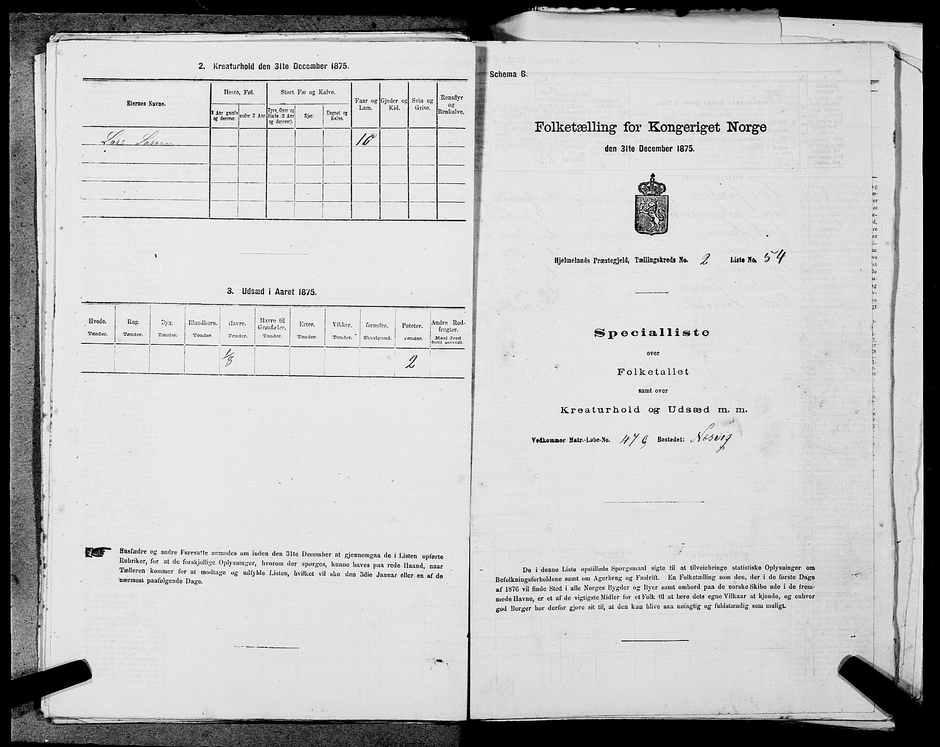 SAST, 1875 census for 1133P Hjelmeland, 1875, p. 308