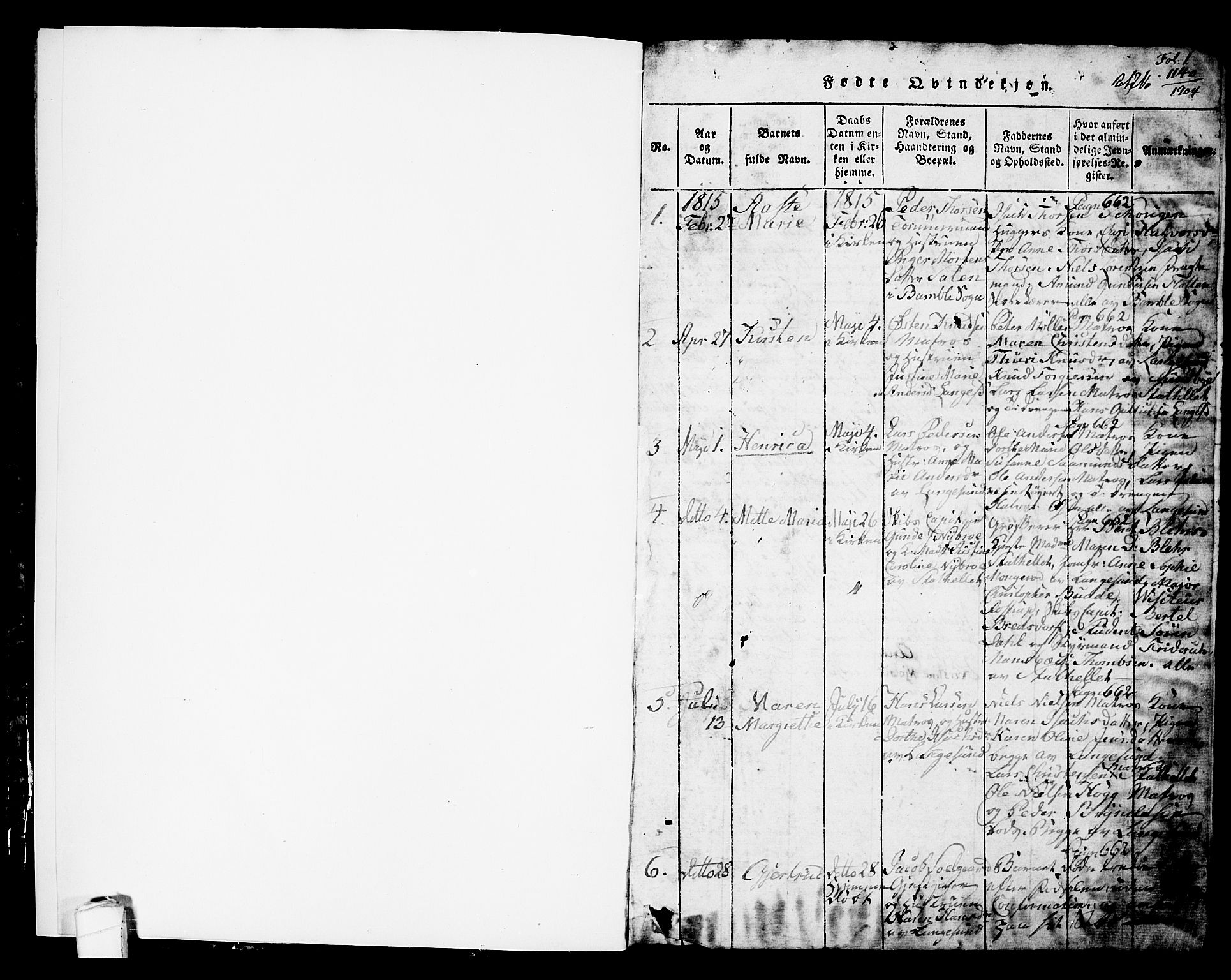 Langesund kirkebøker, SAKO/A-280/G/Ga/L0003: Parish register (copy) no. 3, 1815-1858, p. 1