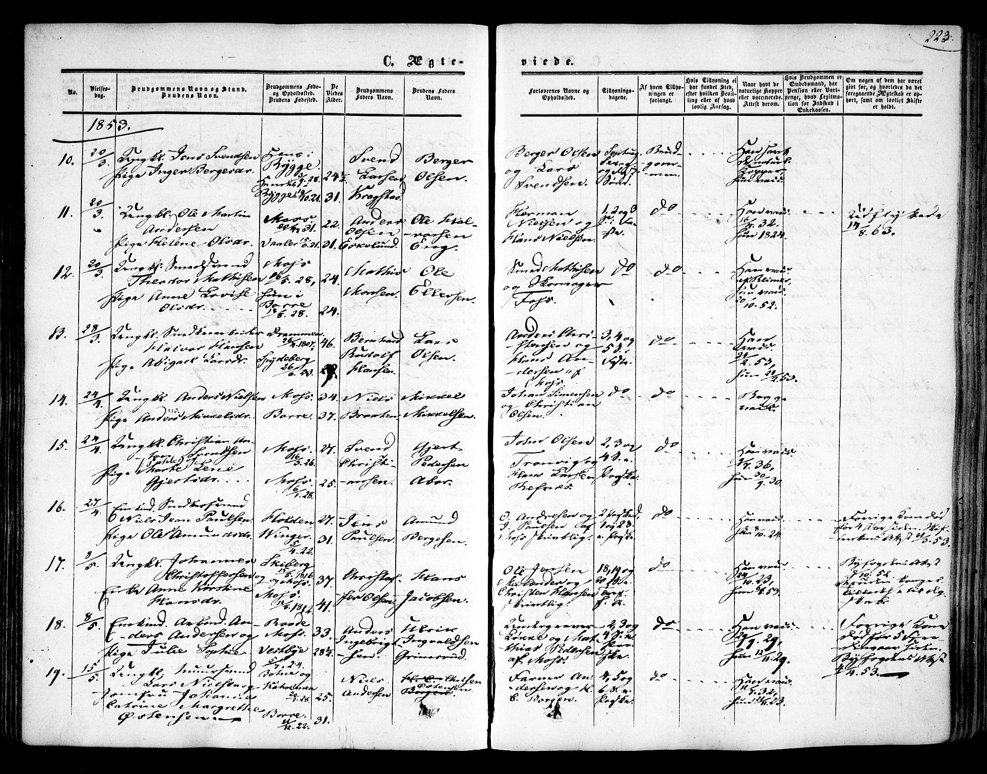 Moss prestekontor Kirkebøker, SAO/A-2003/F/Fa/L0008: Parish register (official) no. I 8, 1852-1869, p. 223