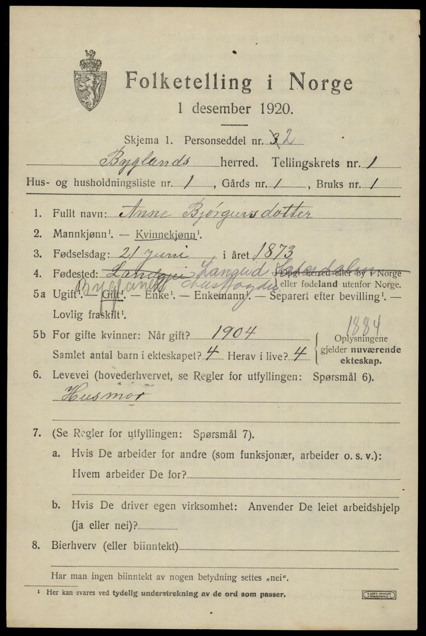 SAK, 1920 census for Bygland, 1920, p. 899