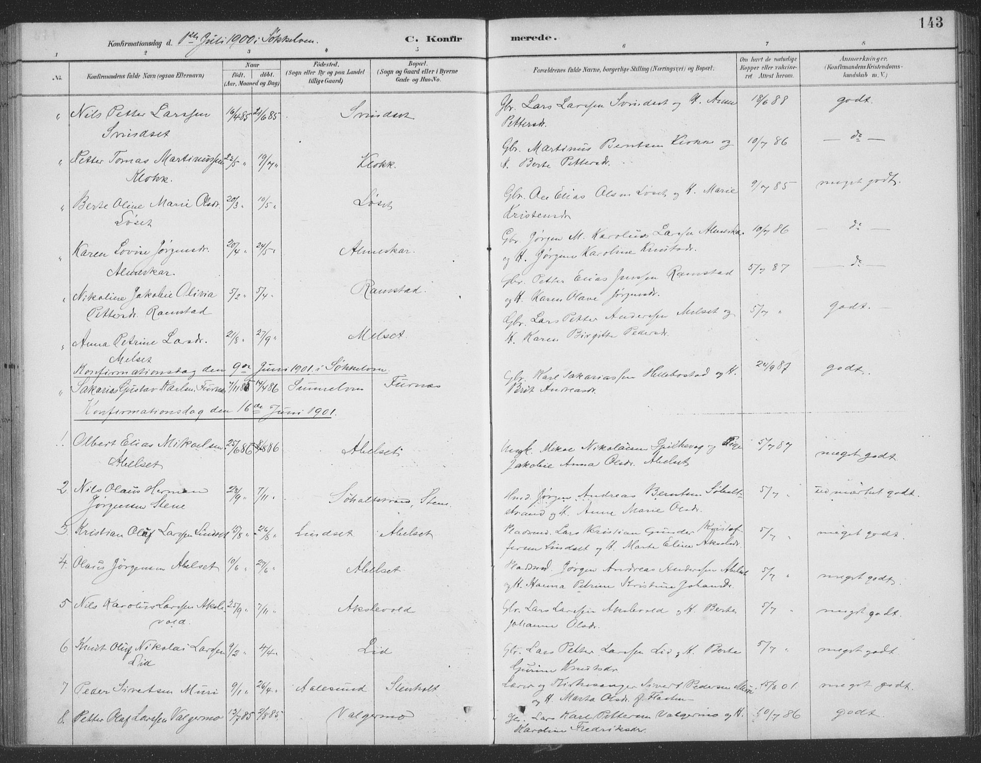 Ministerialprotokoller, klokkerbøker og fødselsregistre - Møre og Romsdal, SAT/A-1454/522/L0316: Parish register (official) no. 522A11, 1890-1911, p. 143