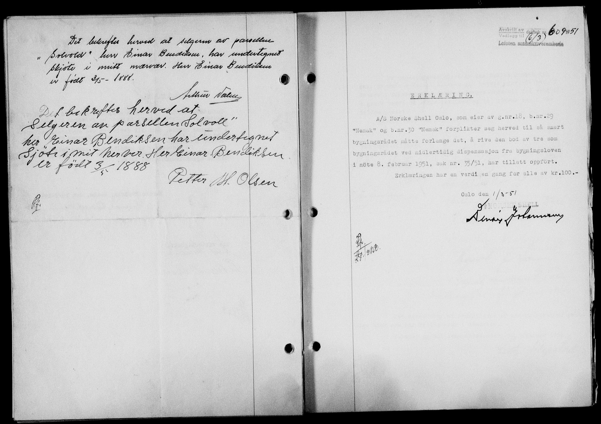 Lofoten sorenskriveri, SAT/A-0017/1/2/2C/L0025a: Mortgage book no. 25a, 1950-1951, Diary no: : 609/1951