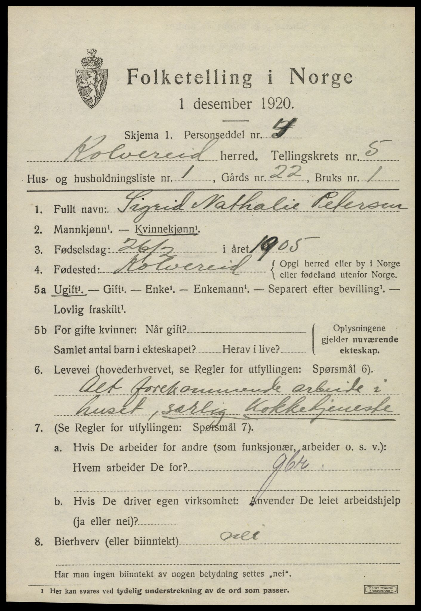 SAT, 1920 census for Kolvereid, 1920, p. 3127