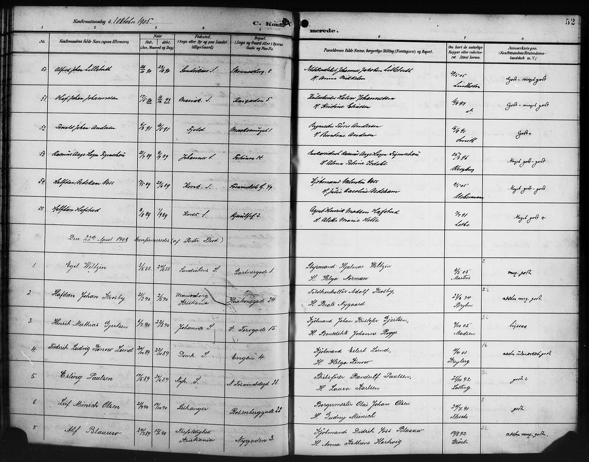 Domkirken sokneprestembete, SAB/A-74801/H/Hab/L0025: Parish register (copy) no. C 5, 1899-1916, p. 52