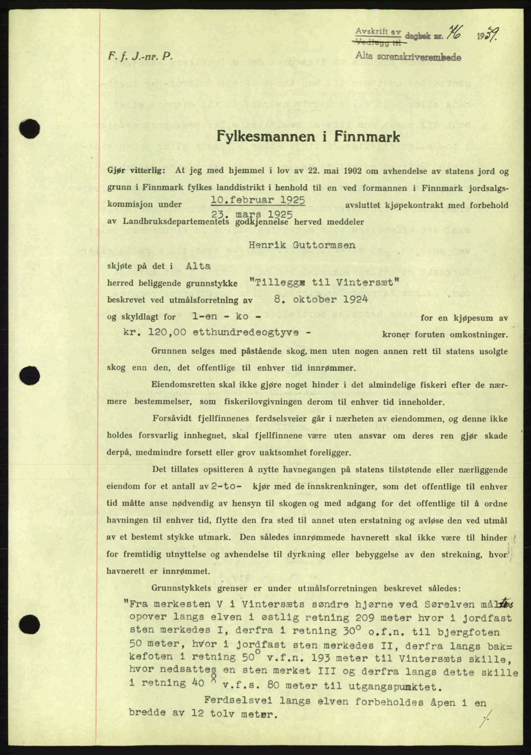 Alta fogderi/sorenskriveri, SATØ/SATØ-5/1/K/Kd/L0031pantebok: Mortgage book no. 31, 1938-1939, Diary no: : 76/1939