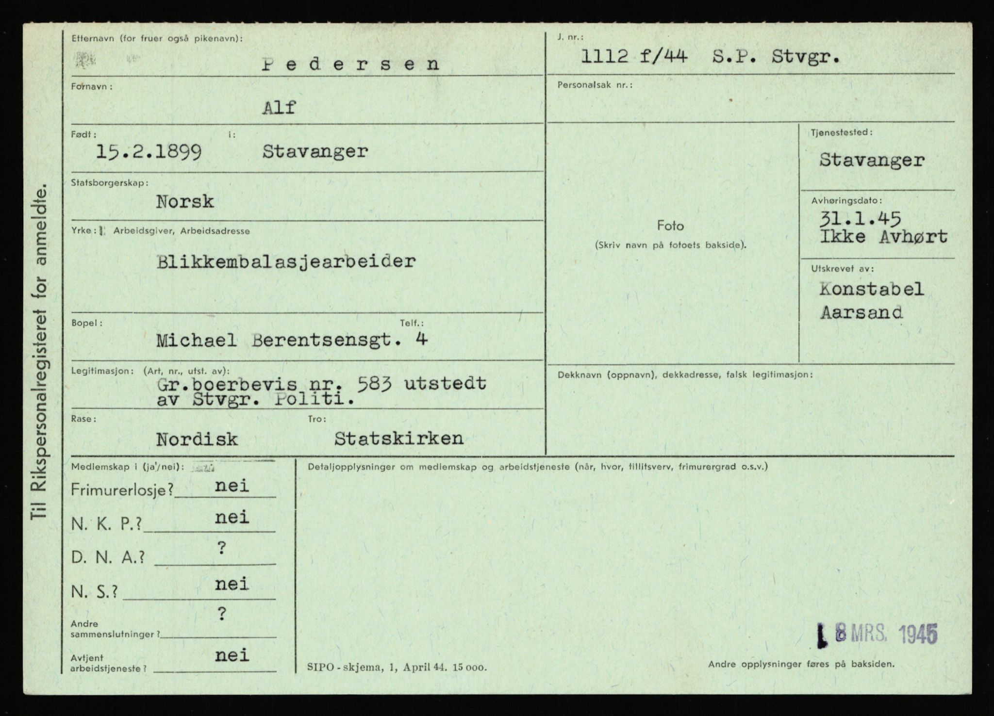 Statspolitiet - Hovedkontoret / Osloavdelingen, AV/RA-S-1329/C/Ca/L0012: Oanæs - Quistgaard	, 1943-1945, p. 3132