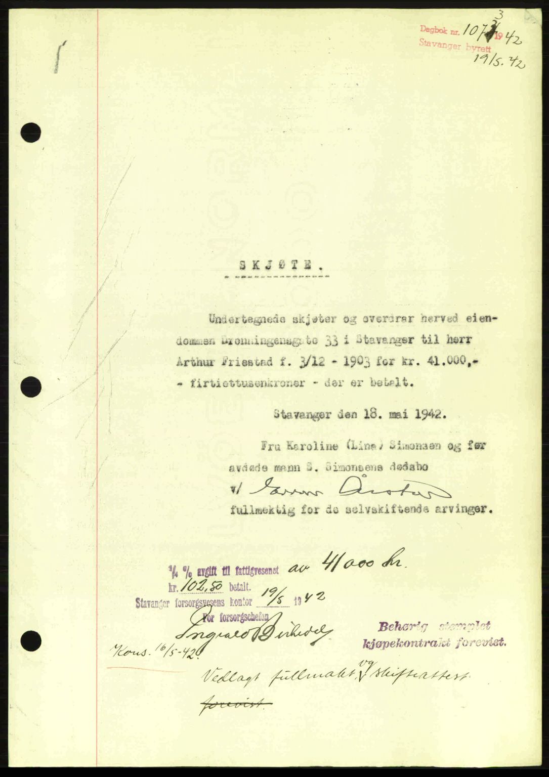 Stavanger byrett, SAST/A-100455/002/G/Gb/L0017: Mortgage book no. A7, 1941-1943, Diary no: : 1073/1942